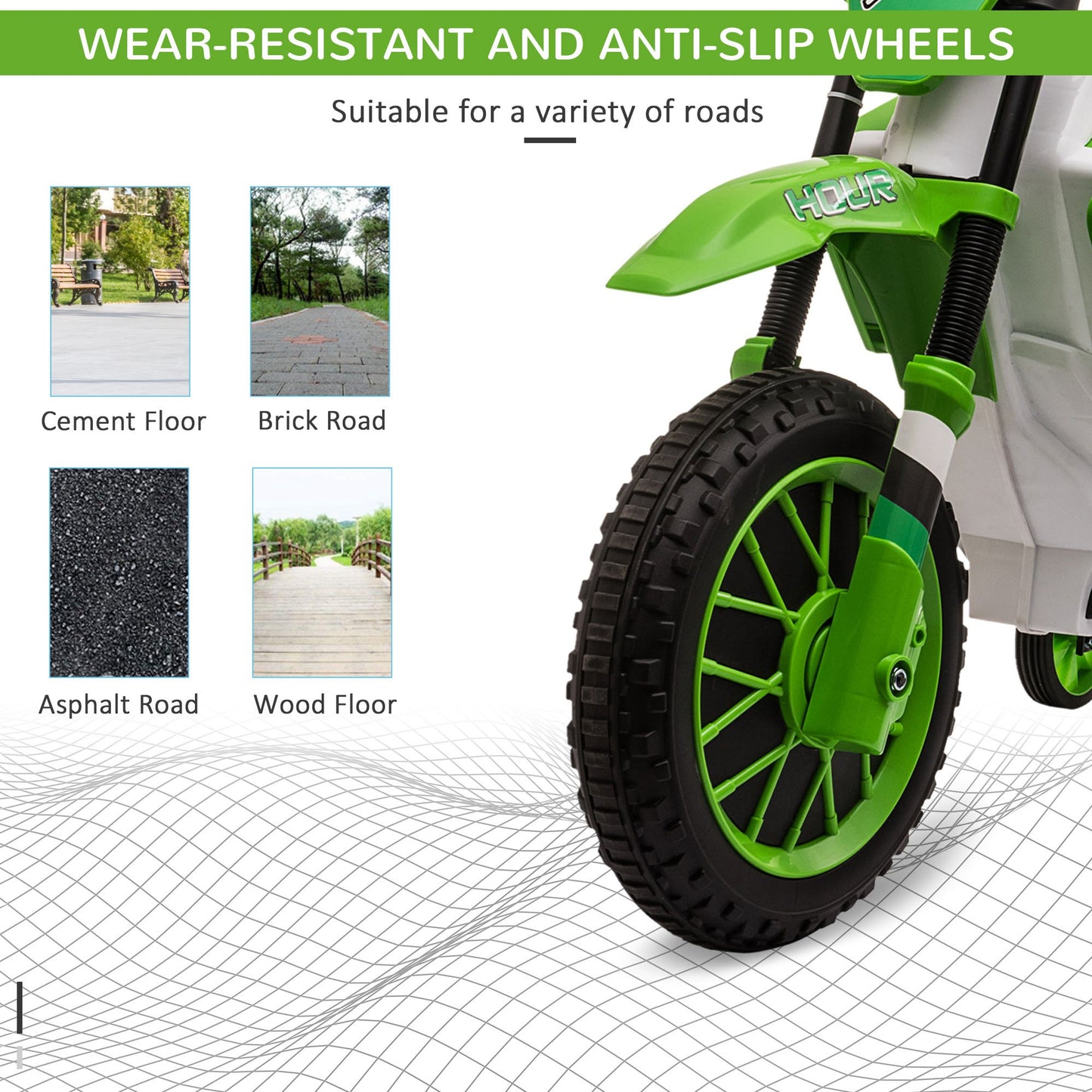 Aosom Kids Dirt Bike Battery-Powered Ride-On Electric Motorcycle with Charging 12V Battery, Training Wheels Green