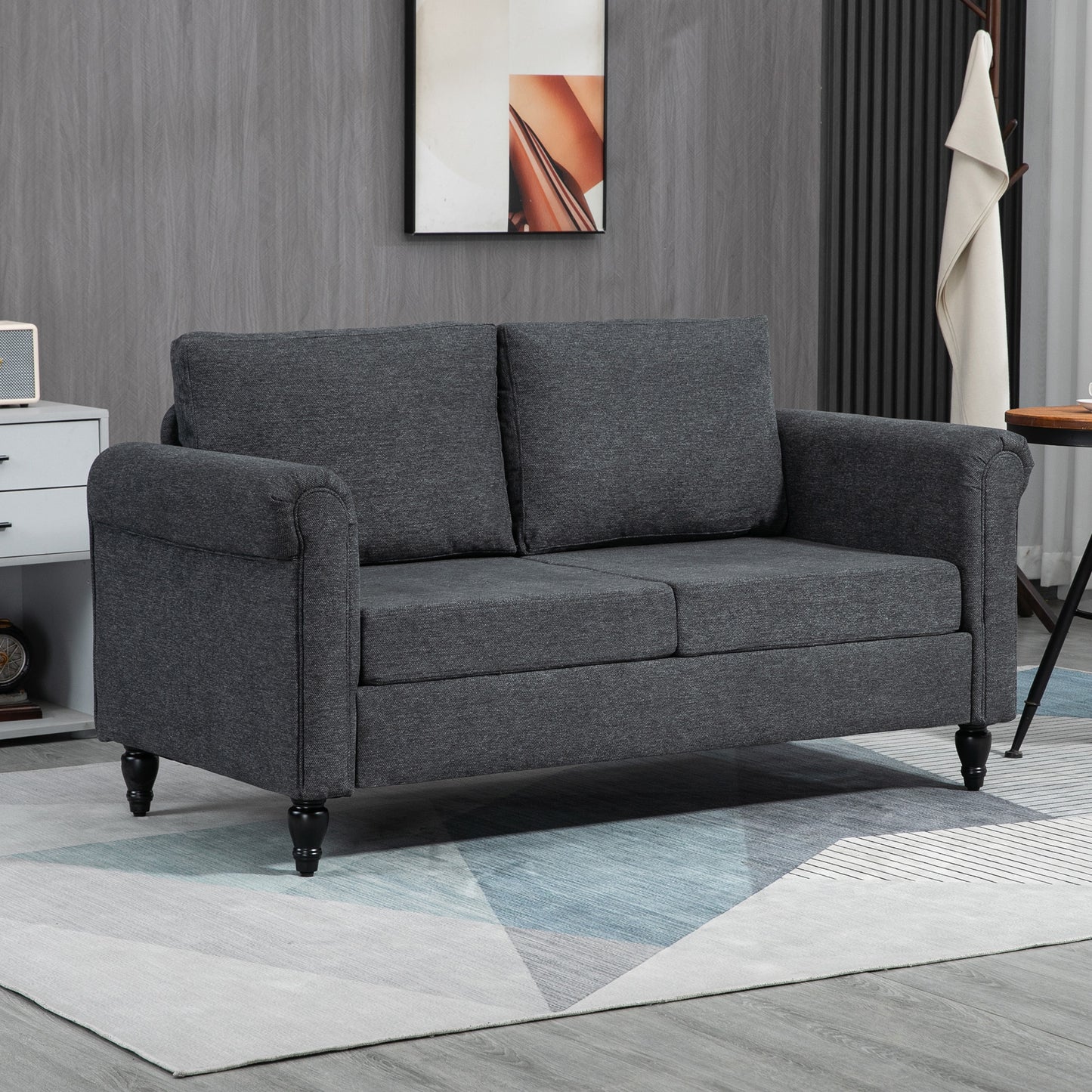HOMCOM Vintage Loveseat, Upholstered Love Seat Furniture, Chenille-feel Fabric 2 Seater Sofa Couch with Rolled Arms, Gourd-Shaped Rubber Wood Legs for Living Room, Dark Grey