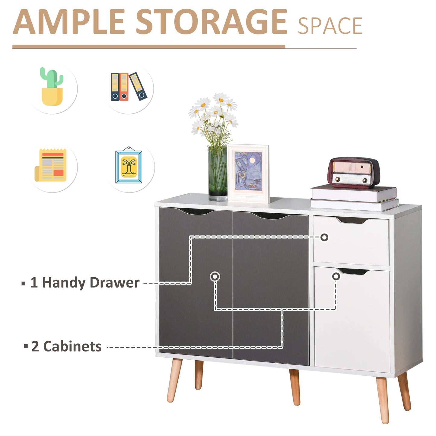 HOMCOM 35" Sideboard Storage Cabinet with Drawer, White and Grey