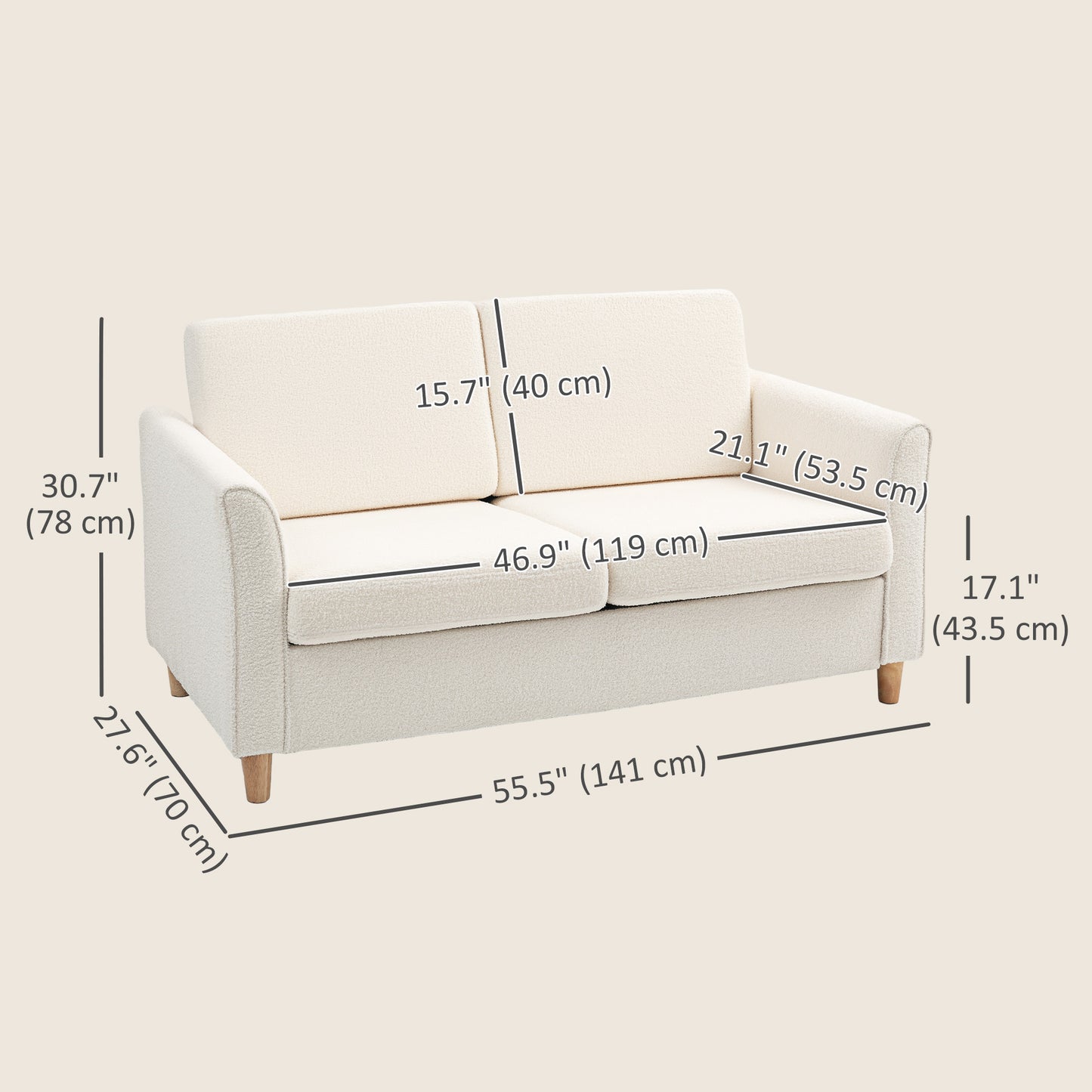 HOMCOM 2-Seat Sofa Two-Seater Couch with Armrests and Wood Legs for Living Room, Bedroom, Dark Grey