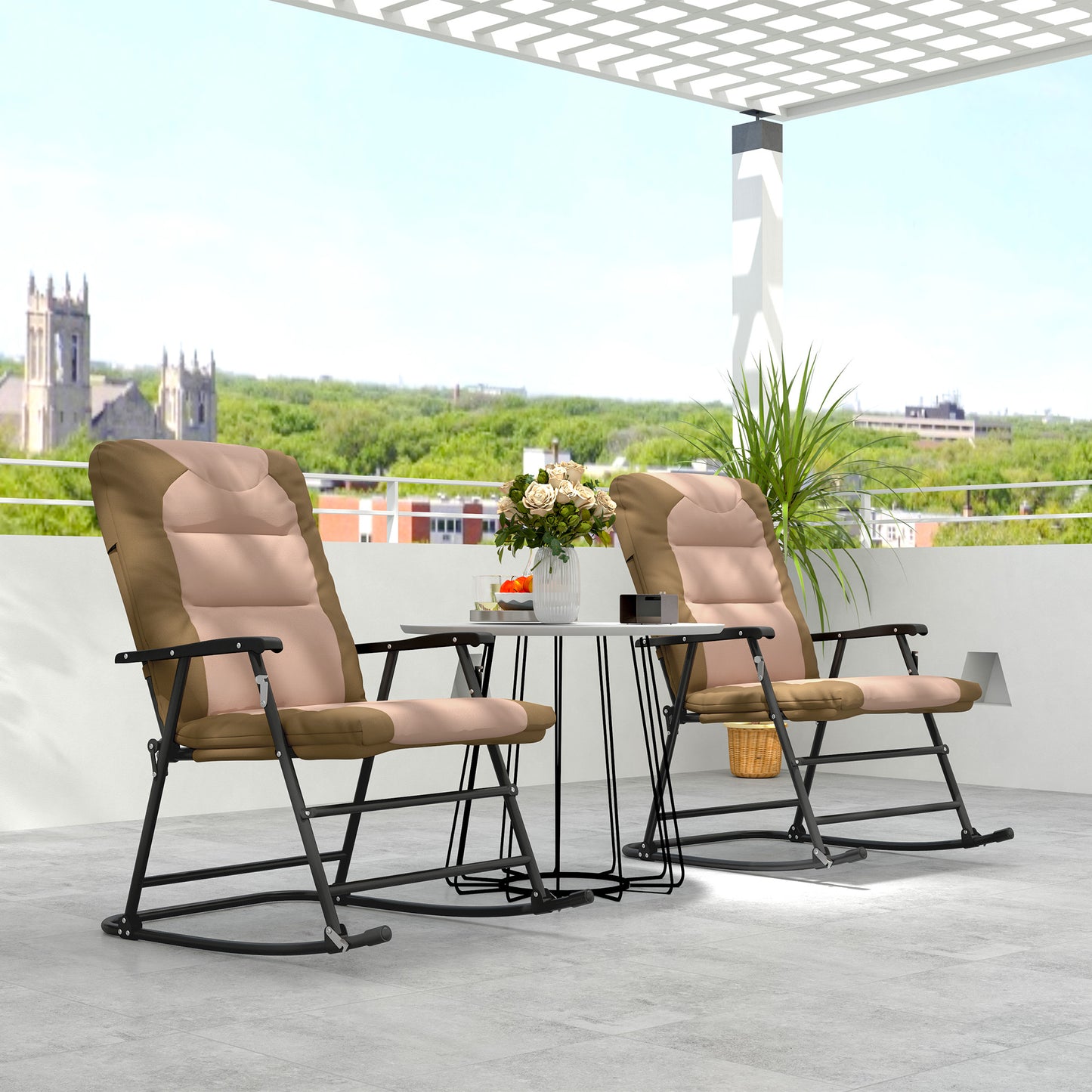 Outsunny Folding Rocking Chair Set of 2 Padded Rockers with Armrest, Light Brown