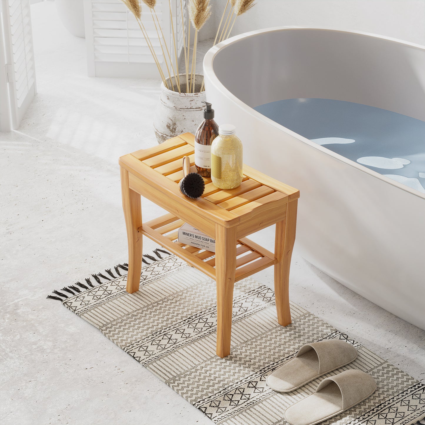 HOMCOM 20" Bamboo Shower Bench Bathroom Stool Spa Bath Seat Organizer Storage Shelf