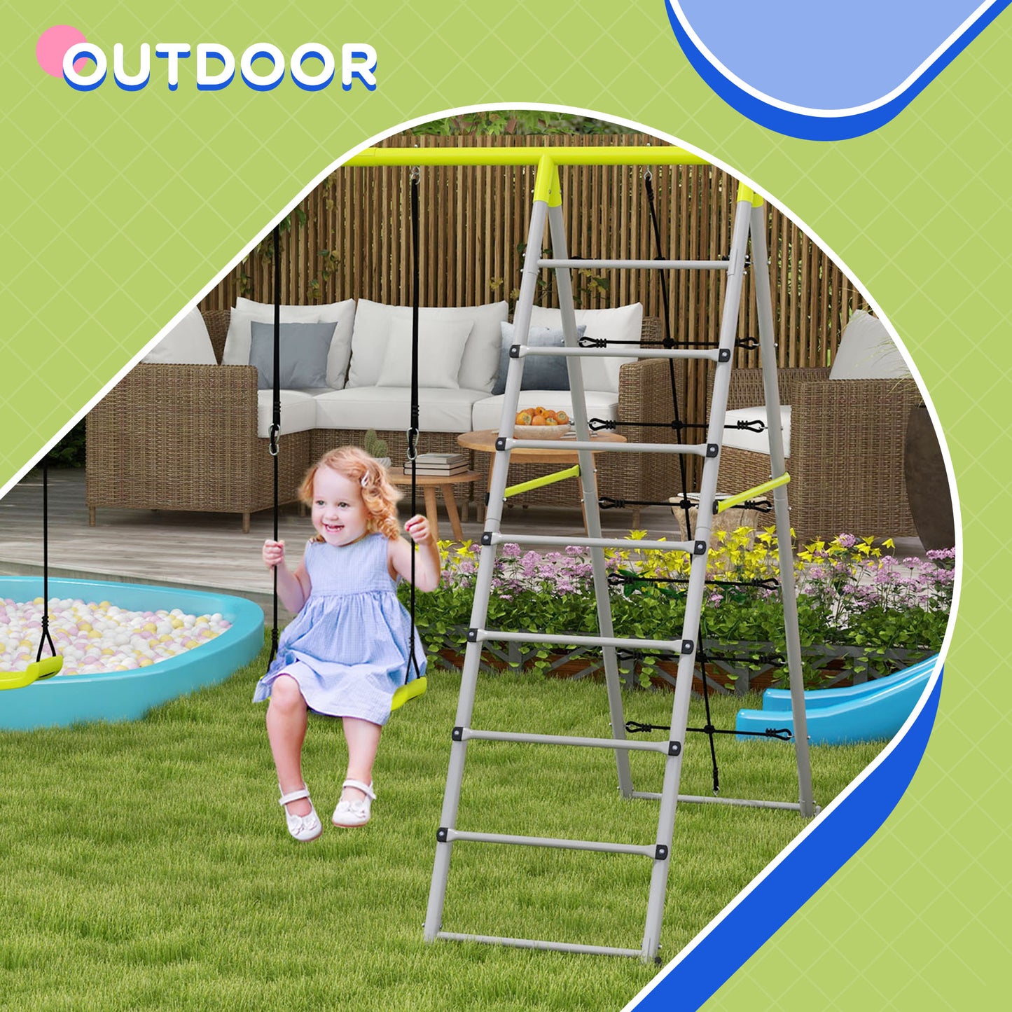 Outsunny 4 in 1 Metal Swing Set with Double Swings, Climber, Climbing Net for Kids, Toddlers, Backyard, Outdoor, Playground
