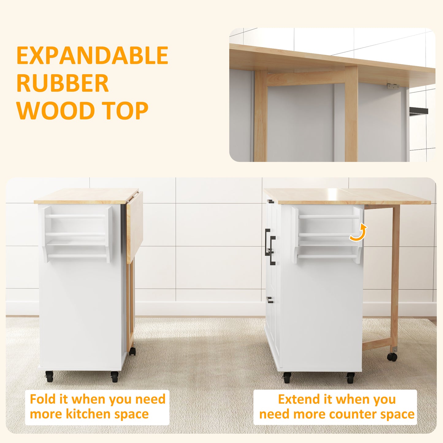 HOMCOM Rolling Kitchen Cart on Wheels with Drop Leaf, Kitchen Island with 3 Drawers, Solid Wood Top and Towel Rack, White
