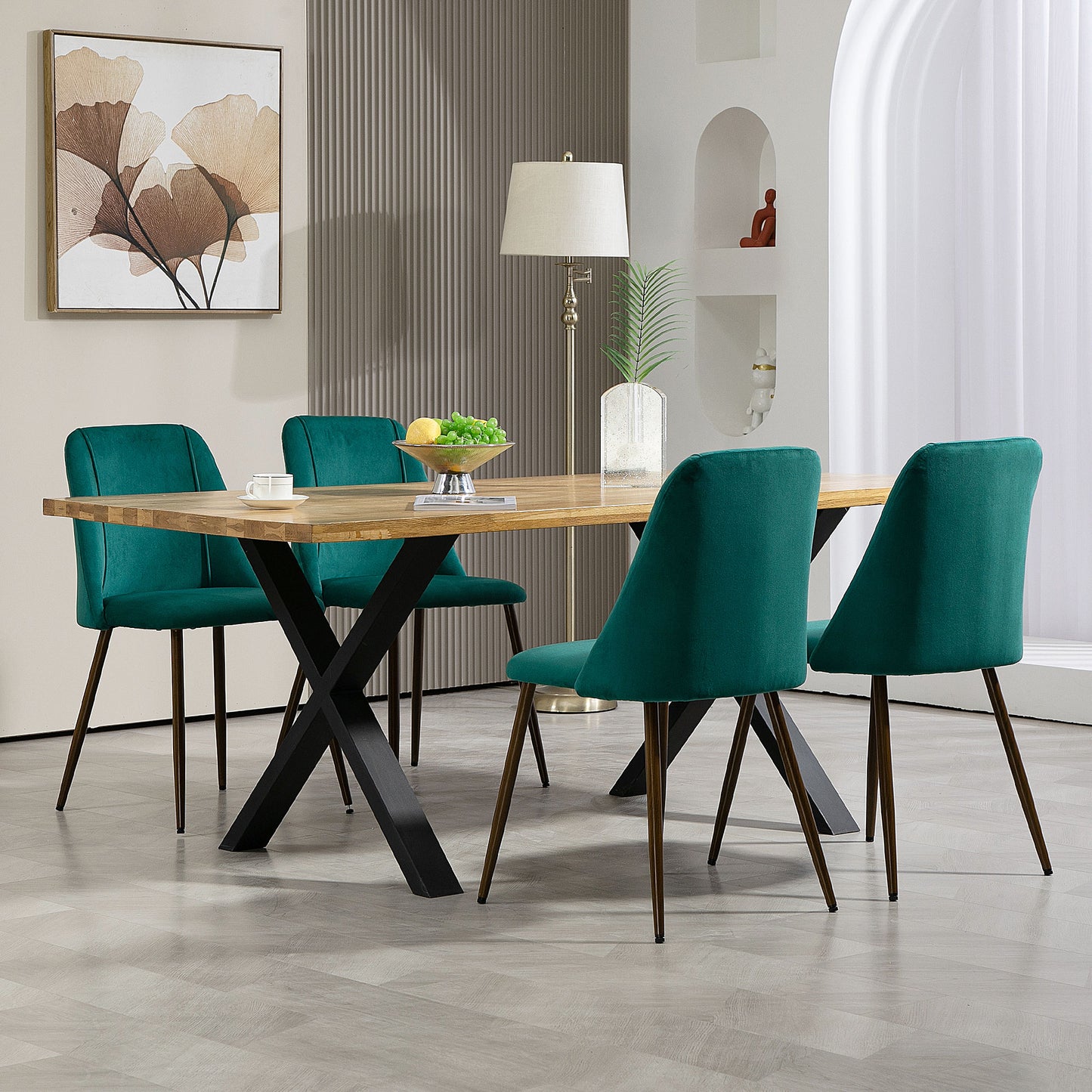 HOMCOM Upholstered Dining Chairs Set of 4, Velvet Accent Chair with Back and Wood-grain Steel Leg for Kitchen, Grey
