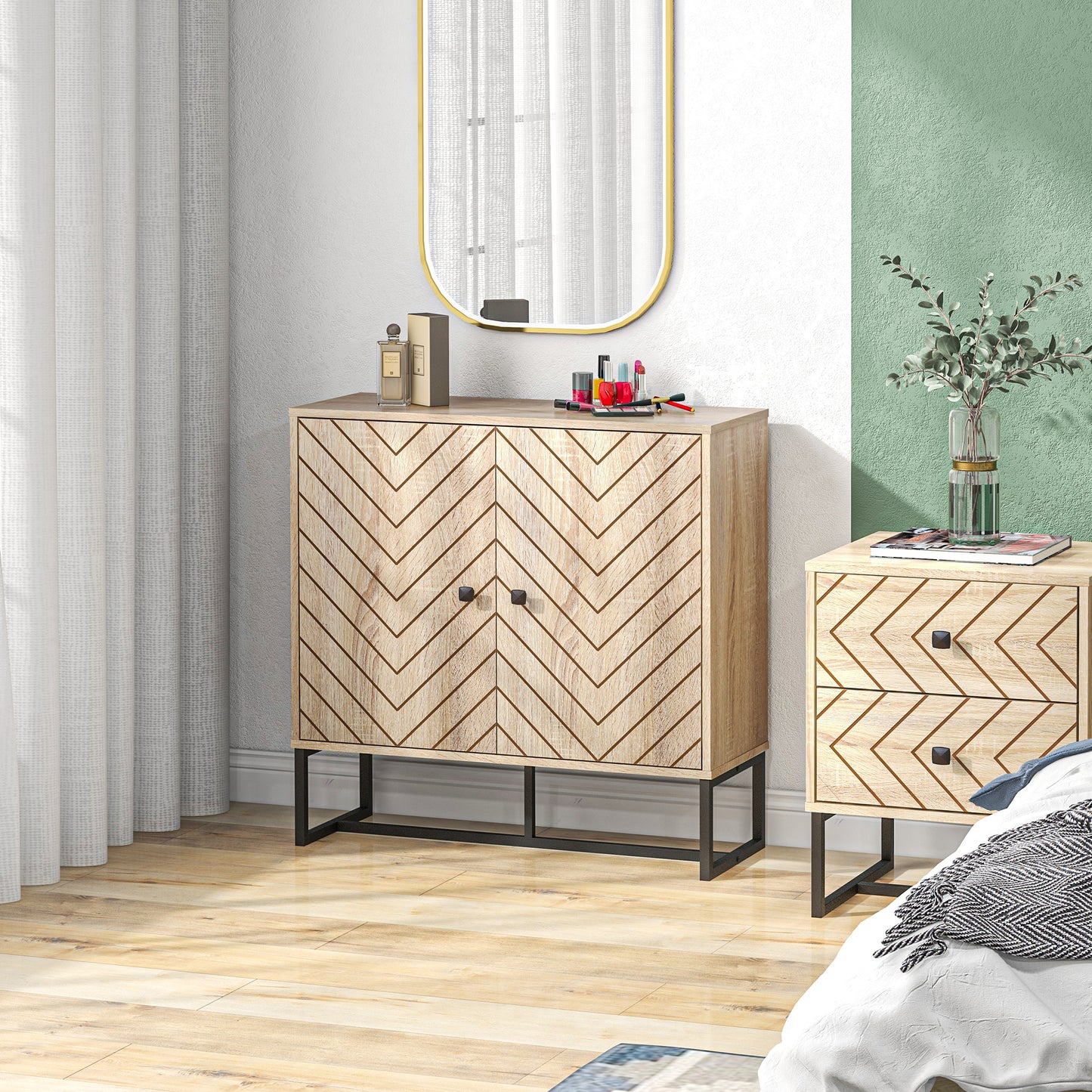HOMCOM Modern Sideboard, Buffet Cabinet with 2 Chevron Doors and Adjustable Shelf, Kitchen Storage Cabinet with Steel Base, Coffee Bar Cabinet, 31.5" H, Oak