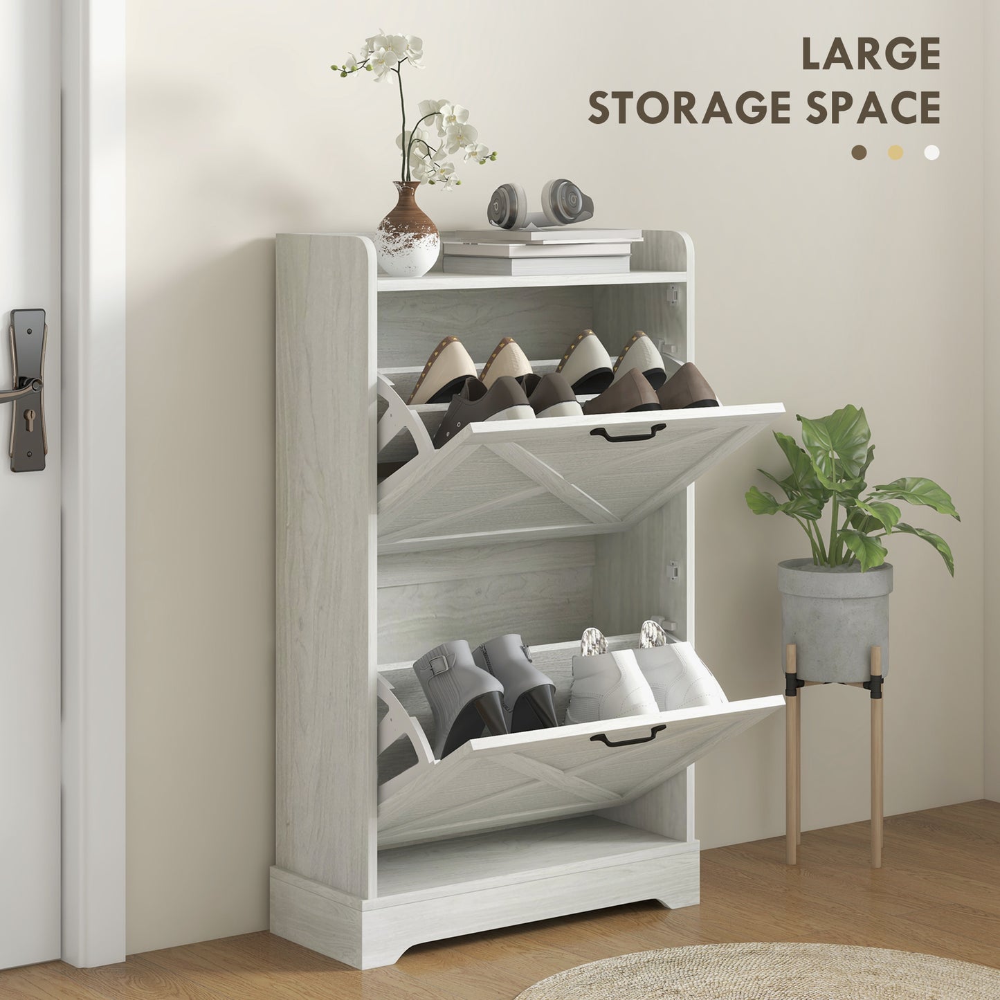 HOMCOM Slim Shoe Storage Cabinet, Farmhouse Shoe Cabinet with 2 Flip Drawers, Adjustable Shelves for 8 Pairs, Distressed White