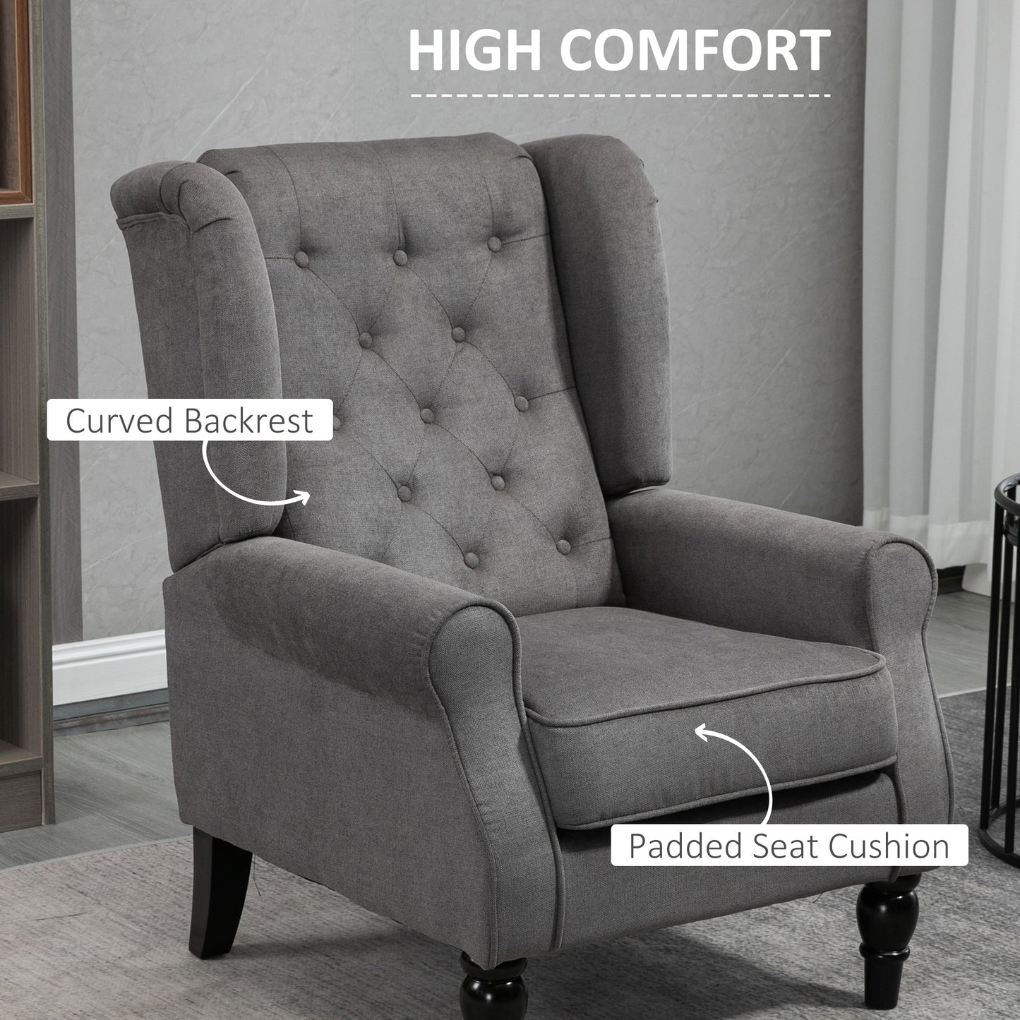 HOMCOM Fabric Accent Chair, Button Tufted Armchair, Upholstered Modern Living Room Chair, Wingback Chair with Wood Legs, Rolled Arms, Thick Padding for Bedroom, White