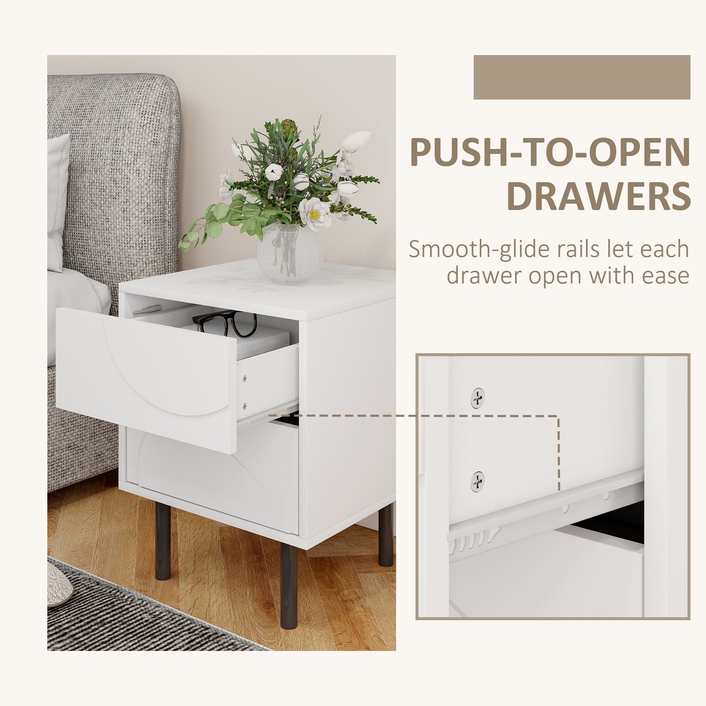 HOMCOM Nightstand Set of 2, Modern Bedside End Table with Push-to-Open Drawers and Steel Legs for Living Room, Bedroom, White