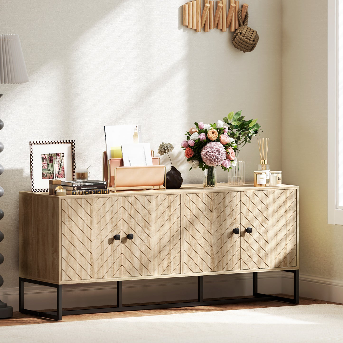 HOMCOM Sideboard Buffet Cabinet with 2 Adjustable Shelves and Steel Base, TV Stand, Coffee Bar Cabinet for Living Room, Oak