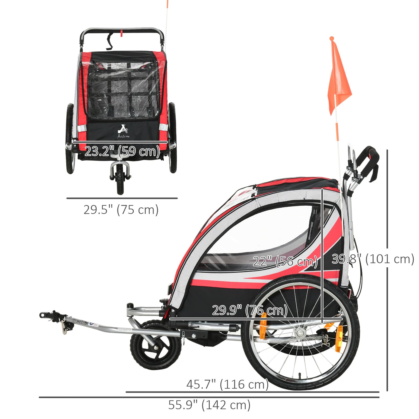 Aosom 2 Seat Bike Trailer for Kids 2-in-1 Double Baby Jogging Stroller with Handbrake, Rubber Wheels, 5 Point Harness, Waterproof Cover, Storage Bag, Reflectors, Yellow