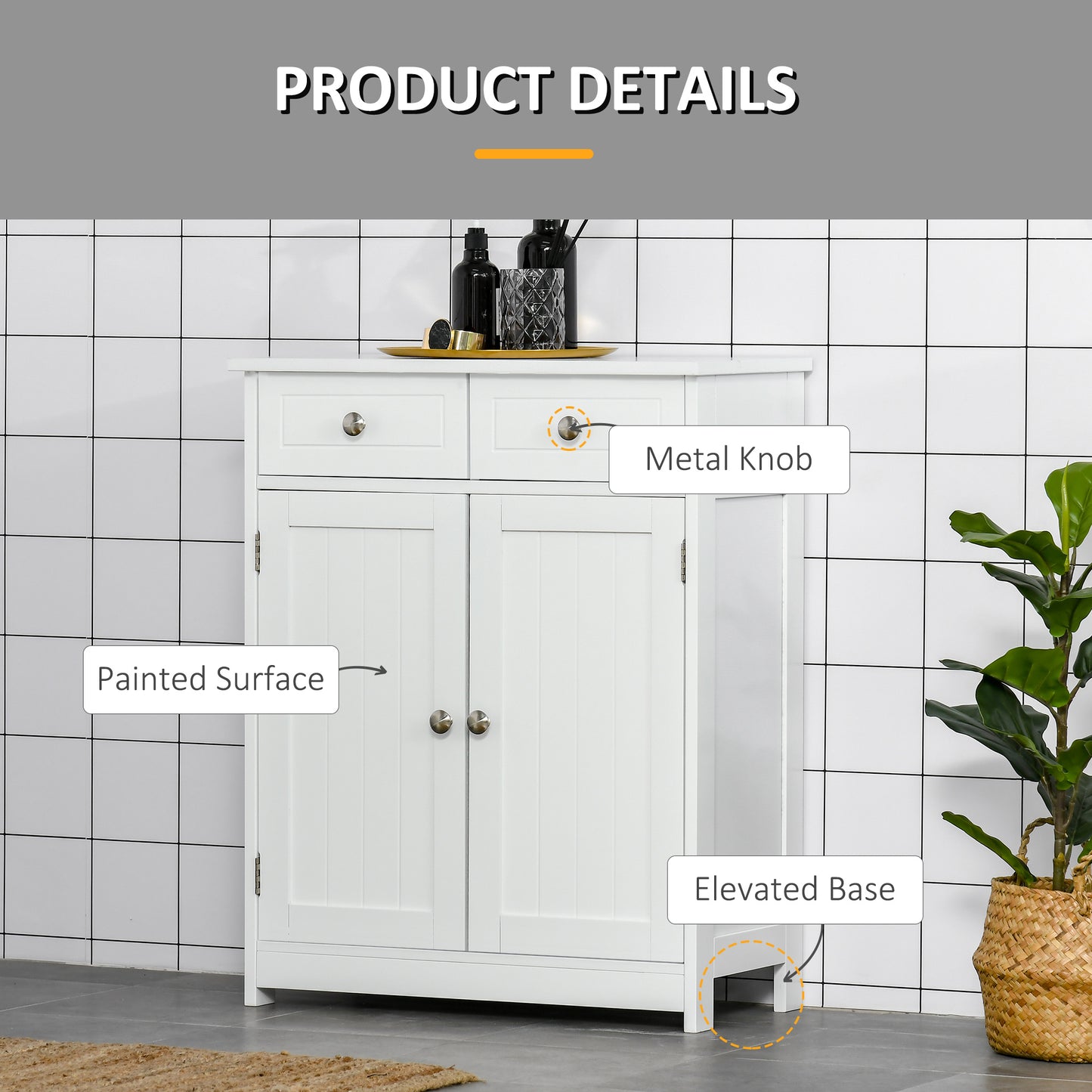 kleankin Freestanding Bathroom Floor Cabinet, Organizer Floor Tower with 2 Door, 2 Drawers, Adjustable Shelf, Grey