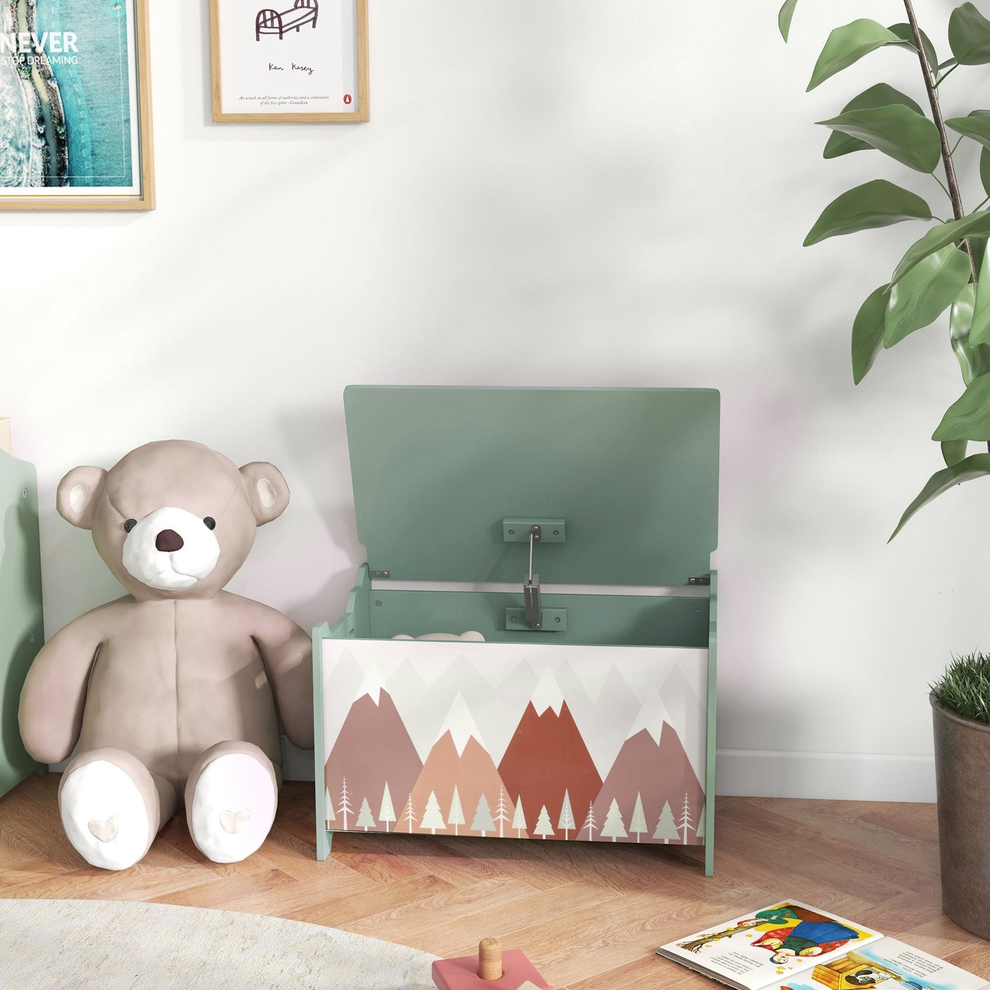 Qaba Toy Box with Lid, Toy Chest Storage Organizer for Bedroom with Safety Hinge, Pink