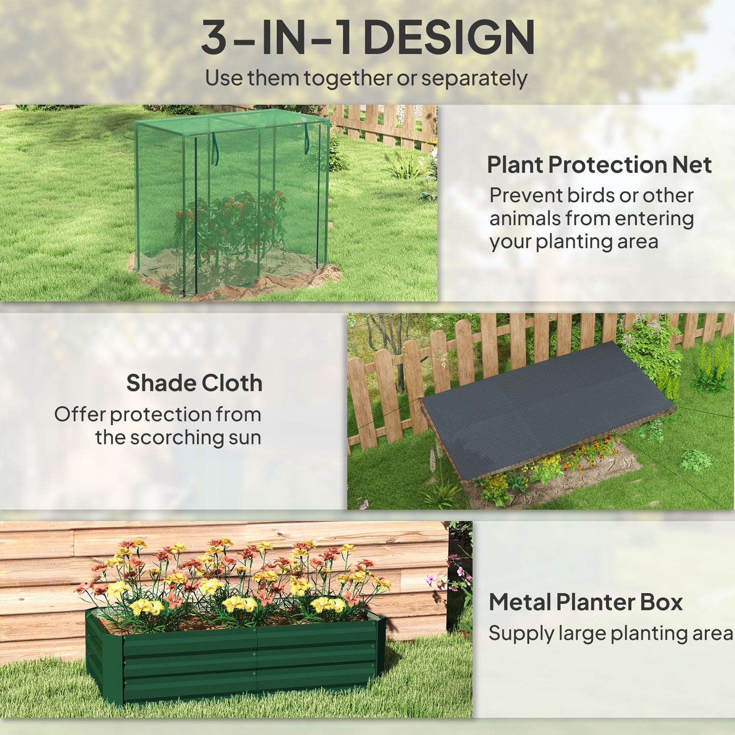 Outsunny Galvanized Steel Planter Box with Crop Cage and Shade Cloth, Raised Garden Bed for Flowers, Vegs and Herbs