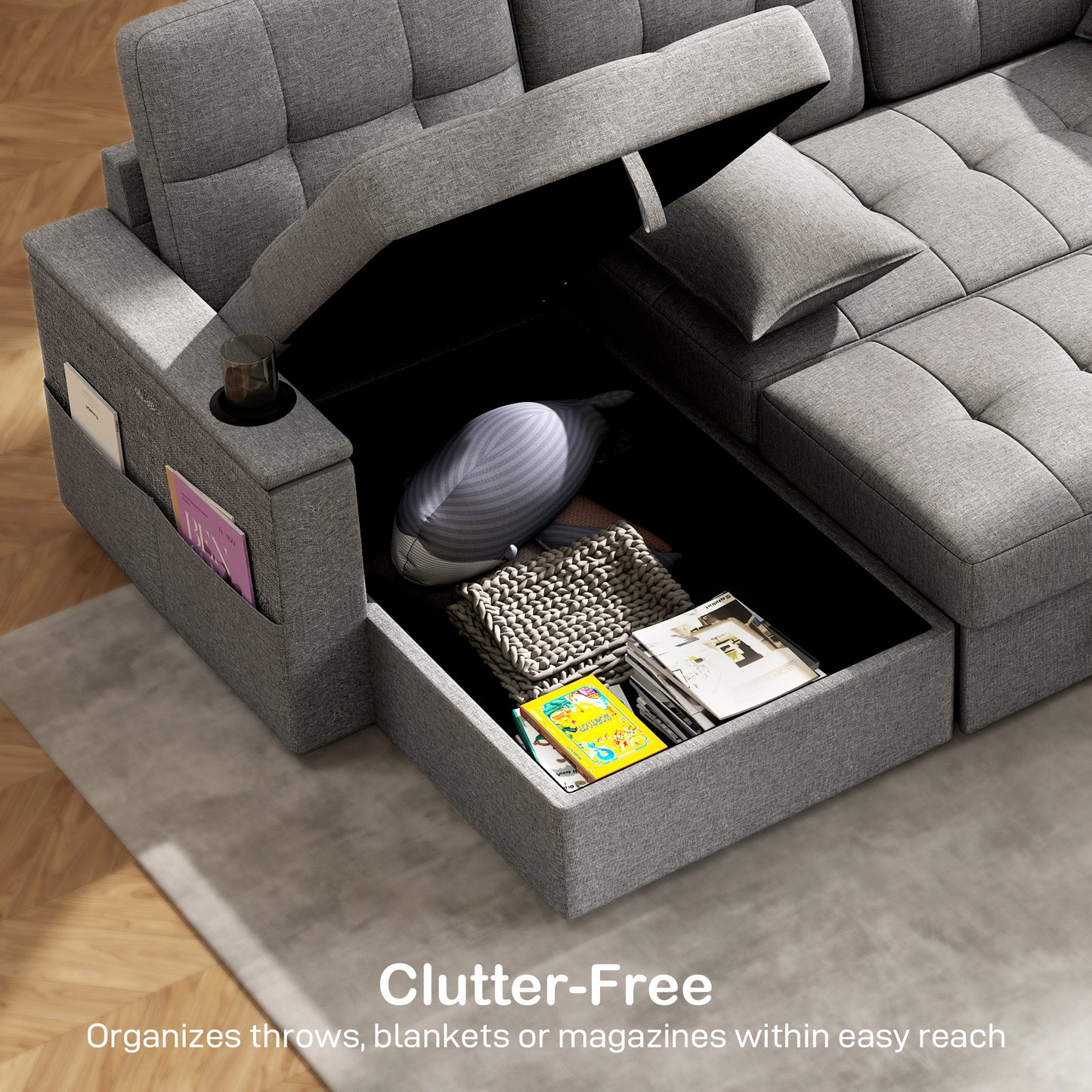 HOMCOM Convertible Sectional Sofa Bed, Pull Out Sleeper Sofa Couch with USB‑A+C, Chaise Storage, L-Shaped Futon Couch, Grey