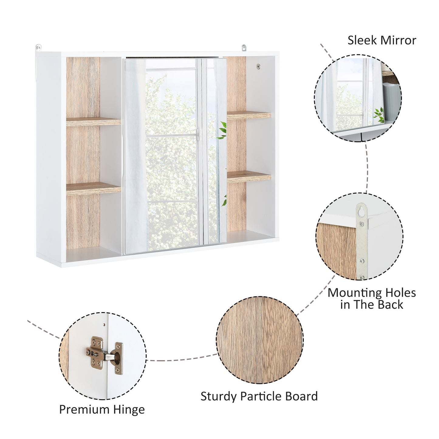HOMCOM Wall-Mounted Bathroom Medicine Cabinet with Mirror, Over Toilet Bathroom Vanity Cabinet White & Oak