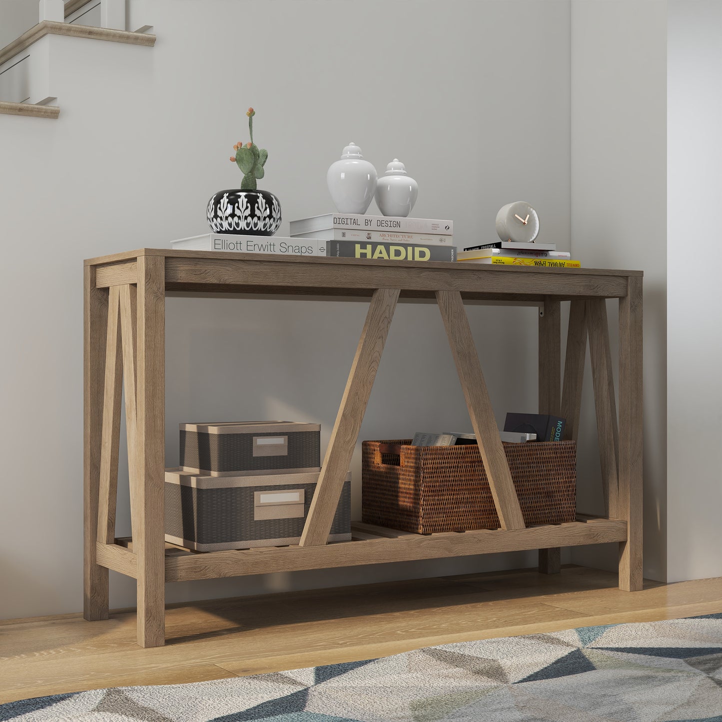HOMCOM 52" Console Table, Farmhouse Narrow Entryway Table with Storage Shelf, Rustic Sofa Table with Anti-tipper for Living Room and Hallway, Brown