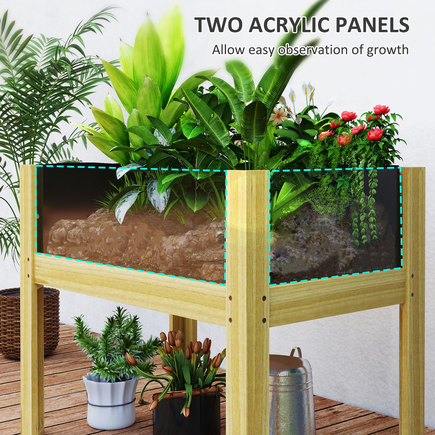 Outsunny Wooden Raised Garden Bed with Acrylic Panels, Raised Planter Box with Drainage Holes, 43.3" x 19.7" x 31.5"