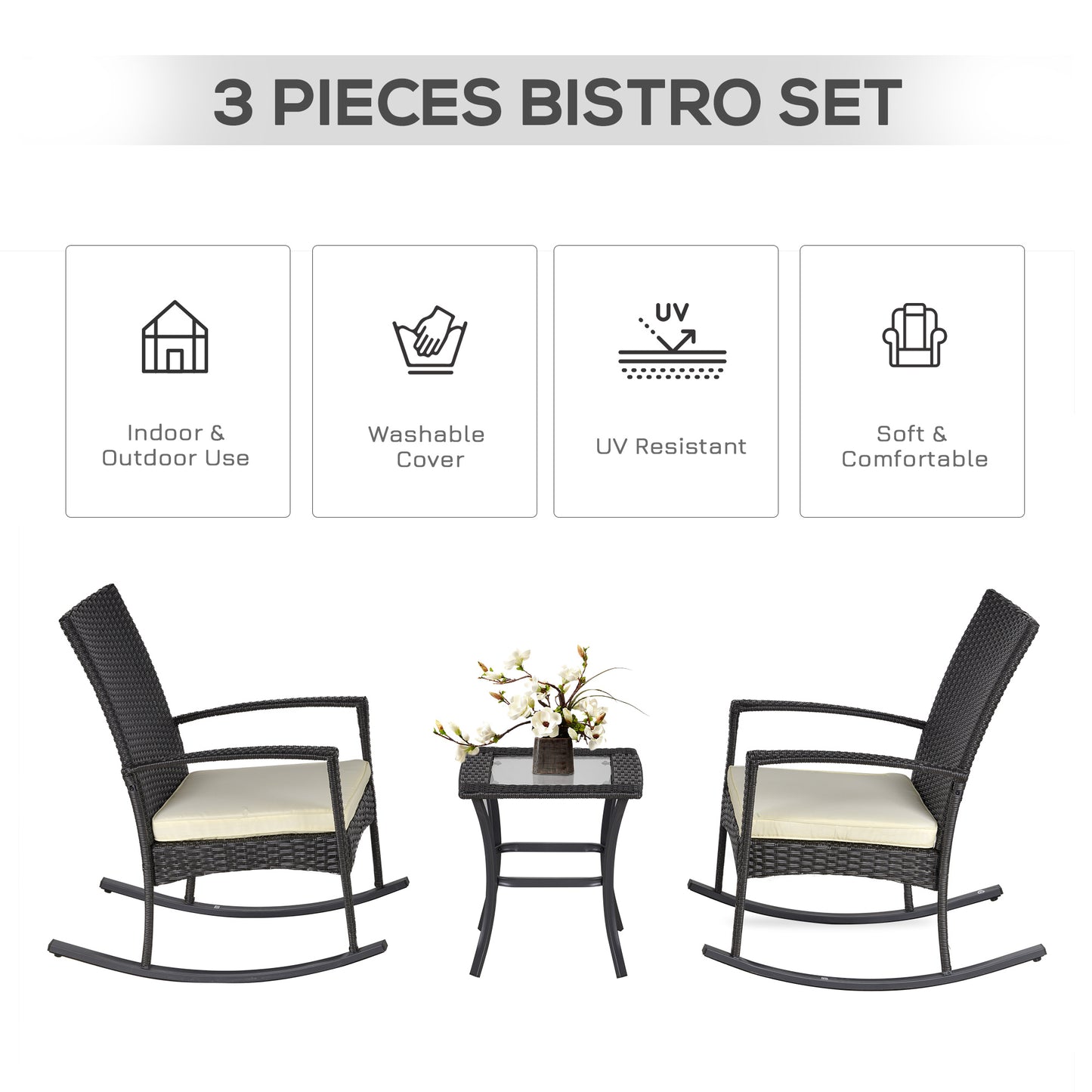 Outsunny 3 Pieces Patio Wicker Rocking Chair Set, Outdoor PE Rattan Bistro Set Conversation Rocker Set with 2 Chairs 1 Coffee Table for Backyard, Deck, Poolside, Dark Grey