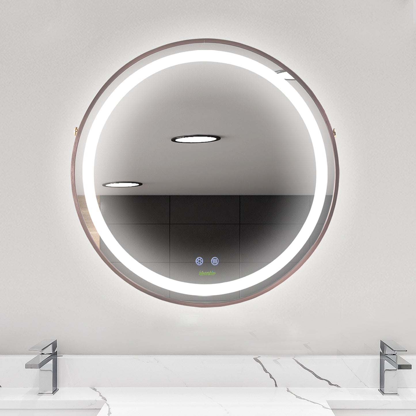 kleankin 24'' Round Led Bathroom Mirror, Dimmable Anti Fog Wall-Mounted Mirror with 3 Temperature Colors, Plug-in, Rose Gold