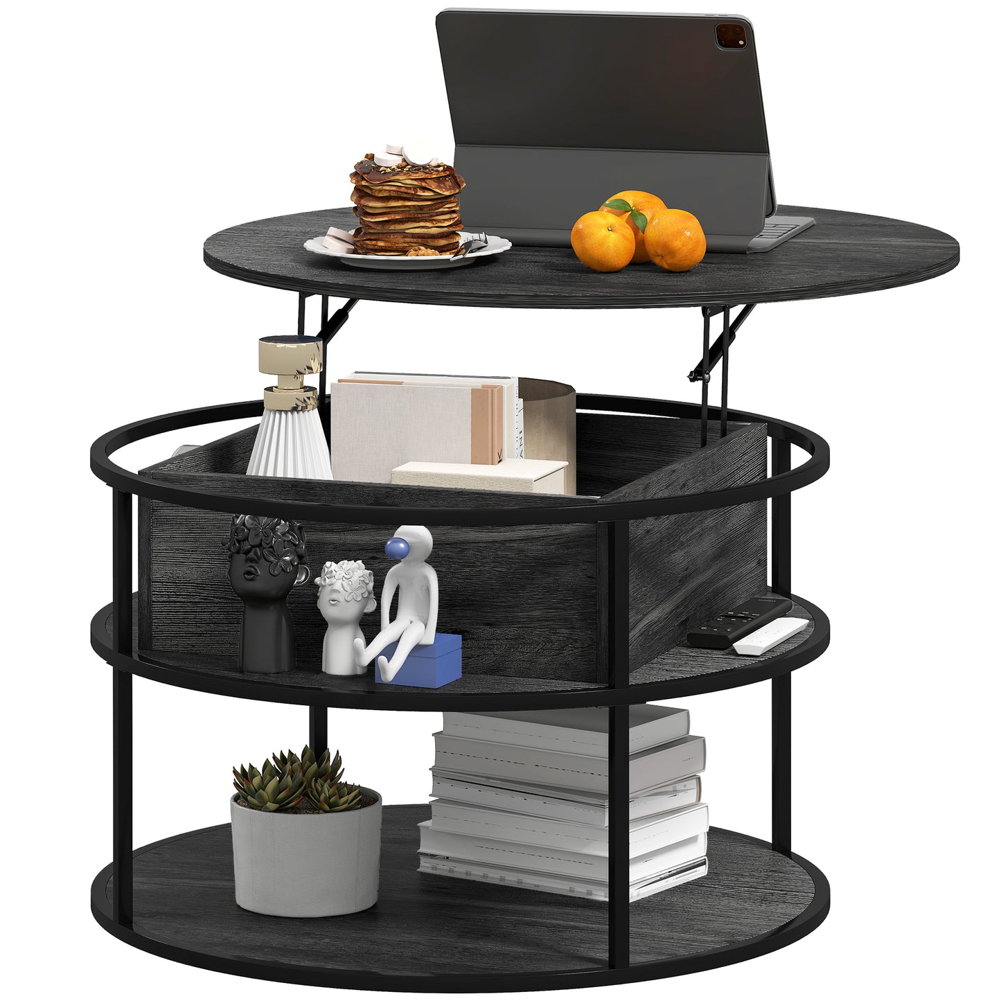 HOMCOM Lift Top Coffee Table, Round Coffee Table with Storage Shelf, Hidden Compartment and Steel Frame, Distressed Dark Grey