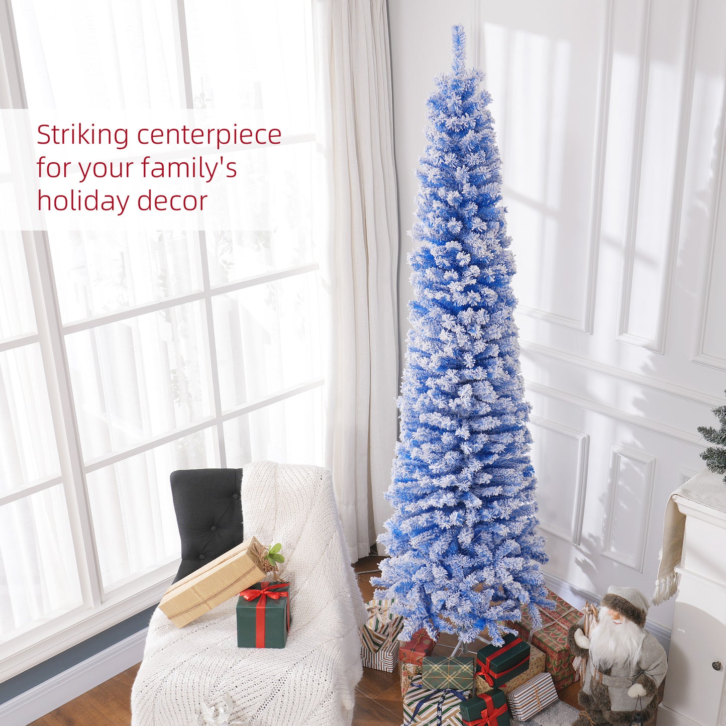 HOMCOM 7.5ft Flocked Christmas Tree, Pencil Christmas Tree with Realistic Branch Tips, Folding Metal Stand, Green