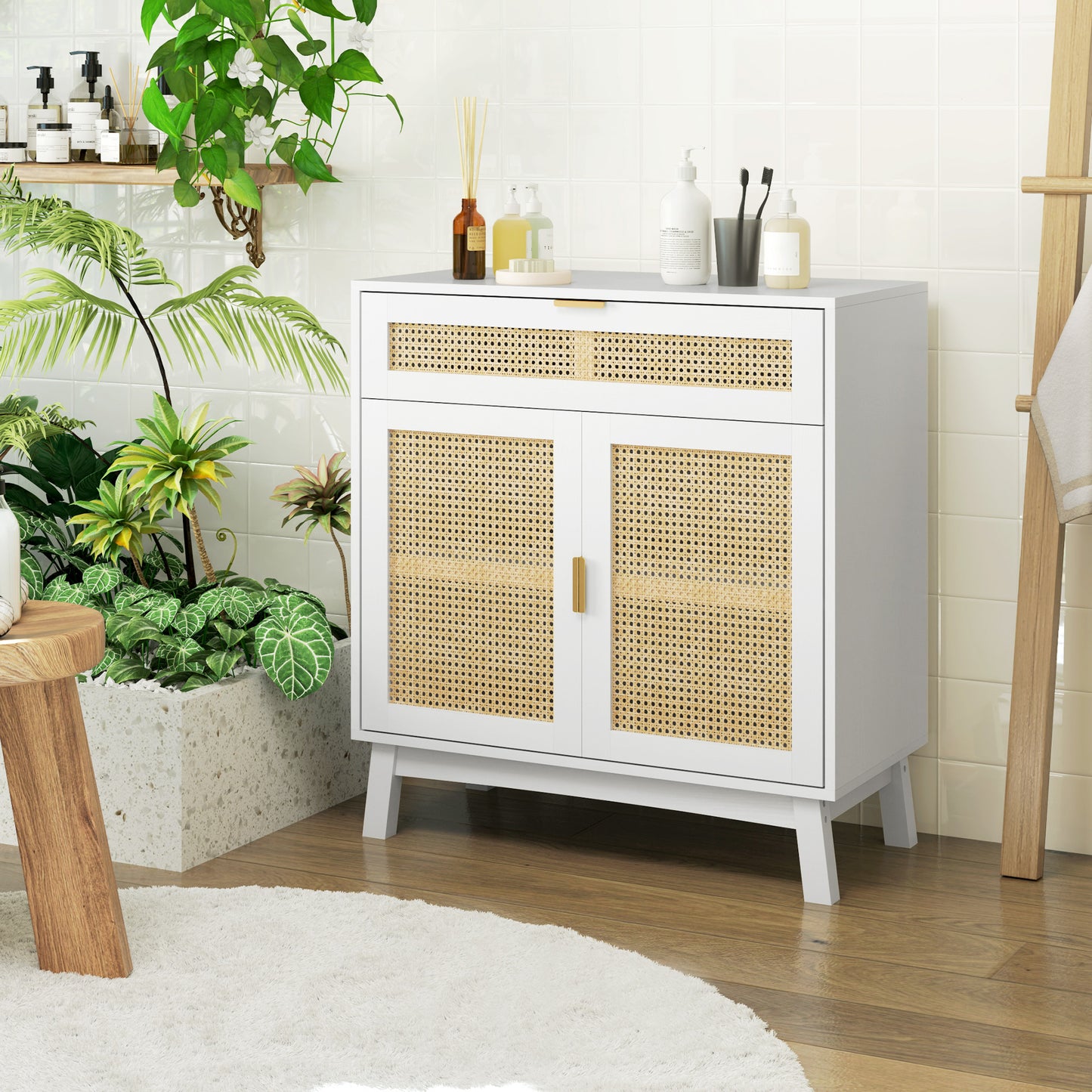 HOMCOM Boho Sideboard Storage Cabinet with Rattan Doors, Black