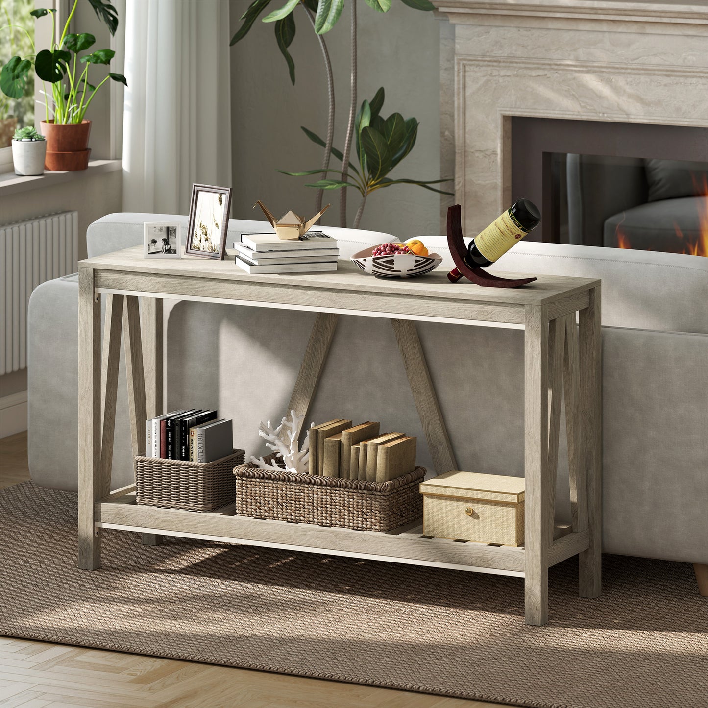 HOMCOM 52" Console Table, Farmhouse Narrow Entryway Table with Storage Shelf, Rustic Sofa Table with Anti-tipper for Living Room and Hallway, Brown