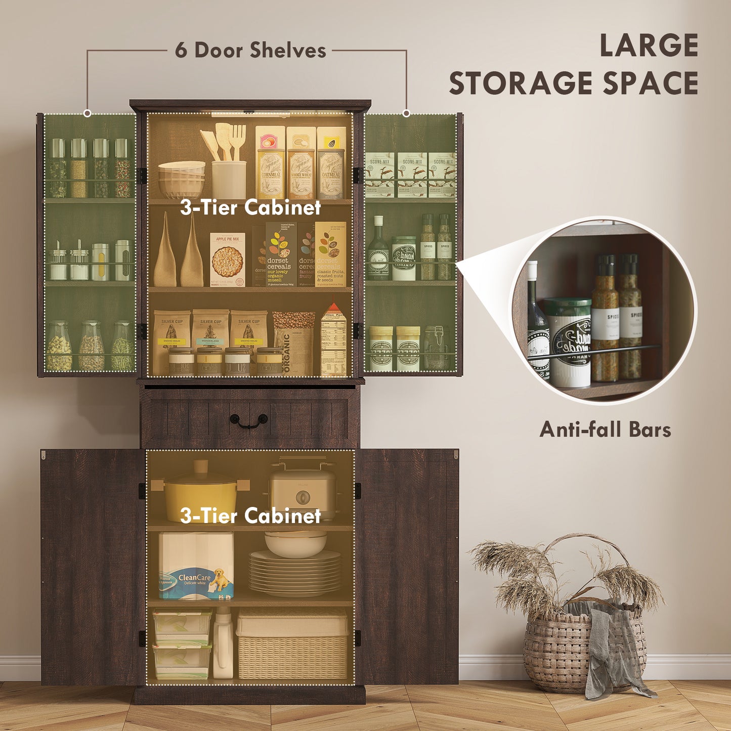 HOMCOM 71" LED Kitchen Pantry Cabinet, Farmhouse Storage Cabinet with Door Shelves, Distressed Brown