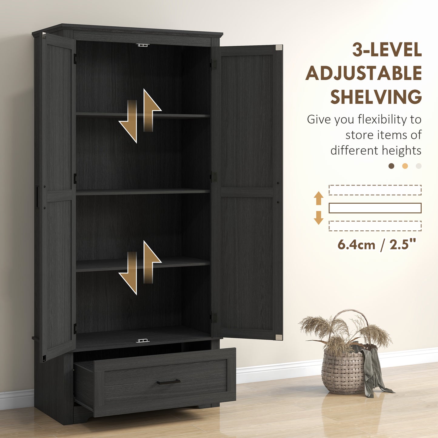 HOMCOM 69" Tall Farmhouse Kitchen Pantry Cabinet with 2 Doors, Drawer and Adjustable Shelves, Black Wood Grain