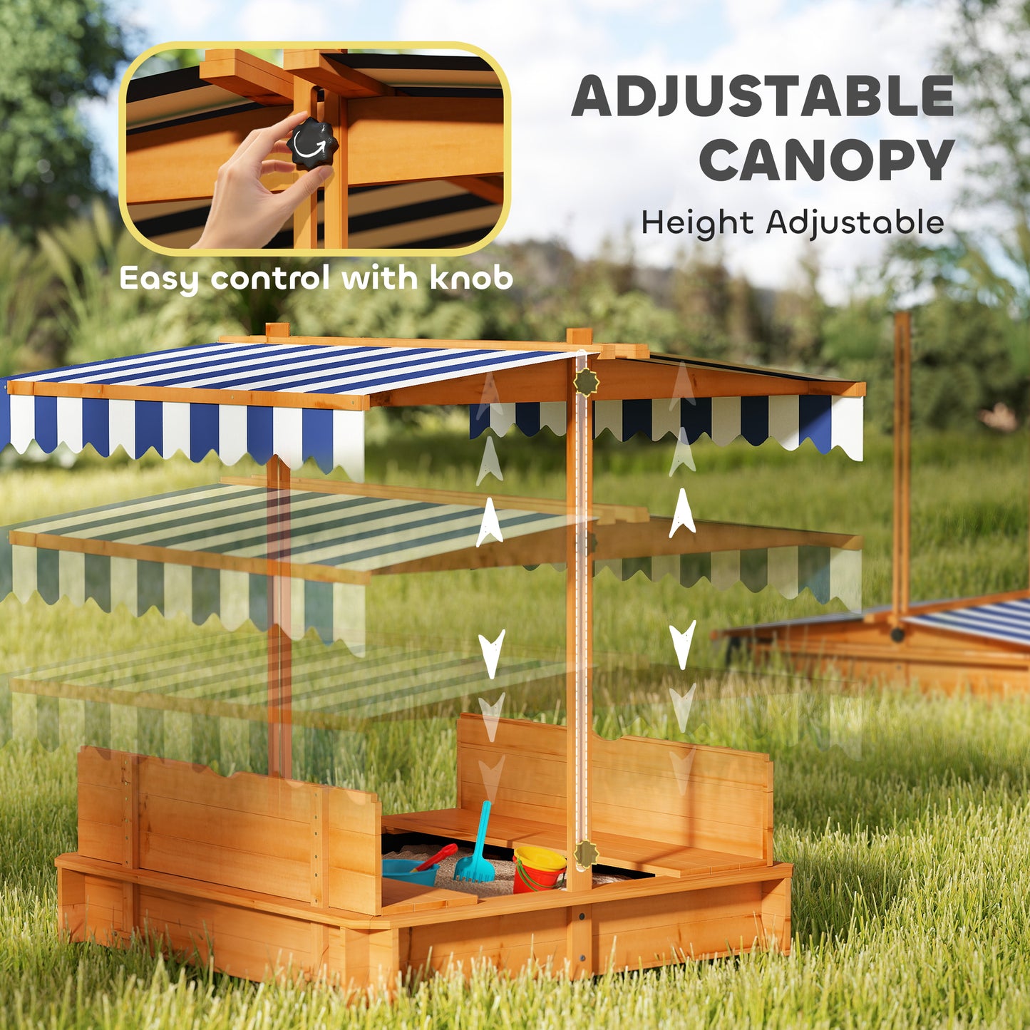 Outsunny Kids Wooden Sandbox Outdoor Backyard Playset Children Play Station w/ Adjustable Canopy & Convertible Bench Sand for 3-7 Years Old
