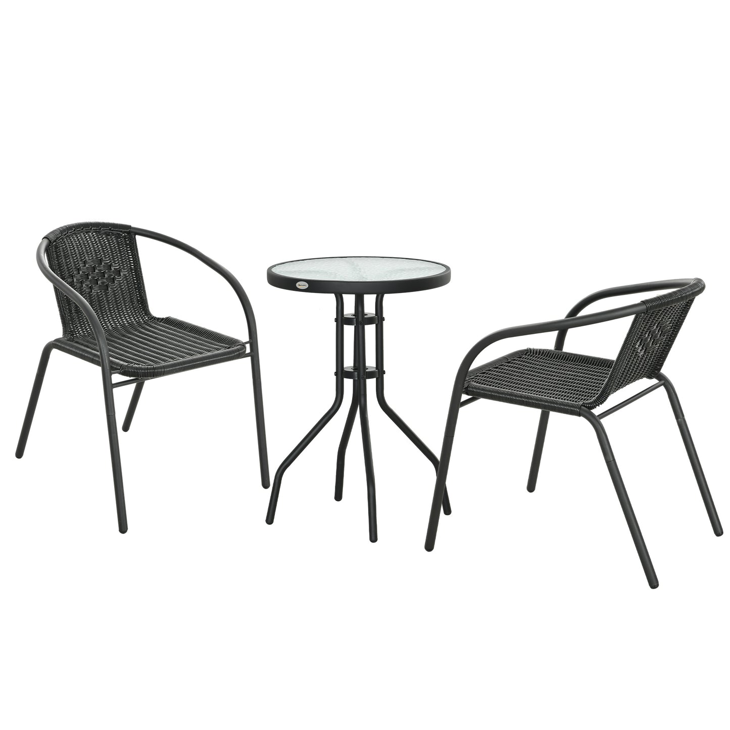 Outsunny 3 Pieces Outdoor Wicker Furniture Set with 2 Stackable Chairs, Tempered Glass Coffee Table for Garden, Backyard, Black