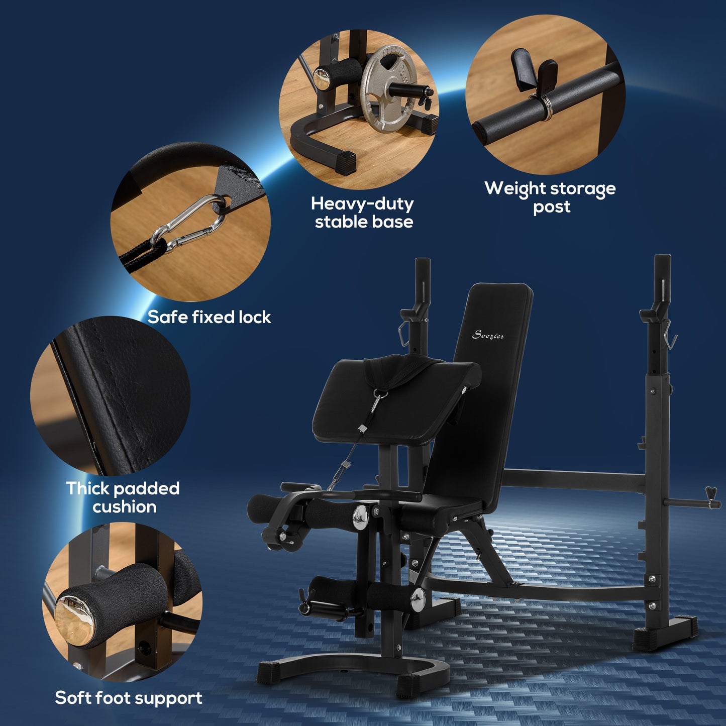Soozier Press Bench, Heavy Duty Multiple Function Workout Adjustable Bench with Preacher Curl, Leg Developer
