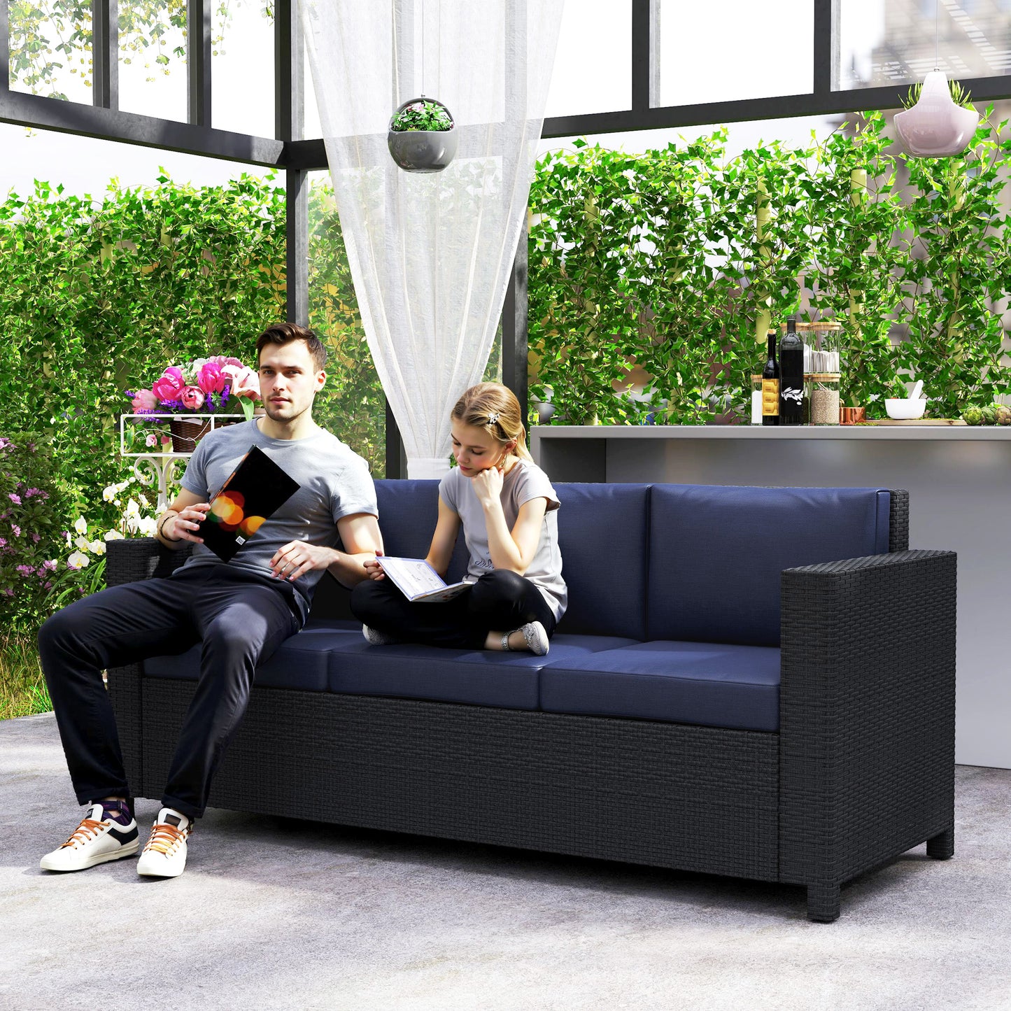 Outsunny 3-Seater Outdoor Sofa with Cushions, PE Rattan Conversation Patio Couch with Pillows for Garden, Poolside, Blue