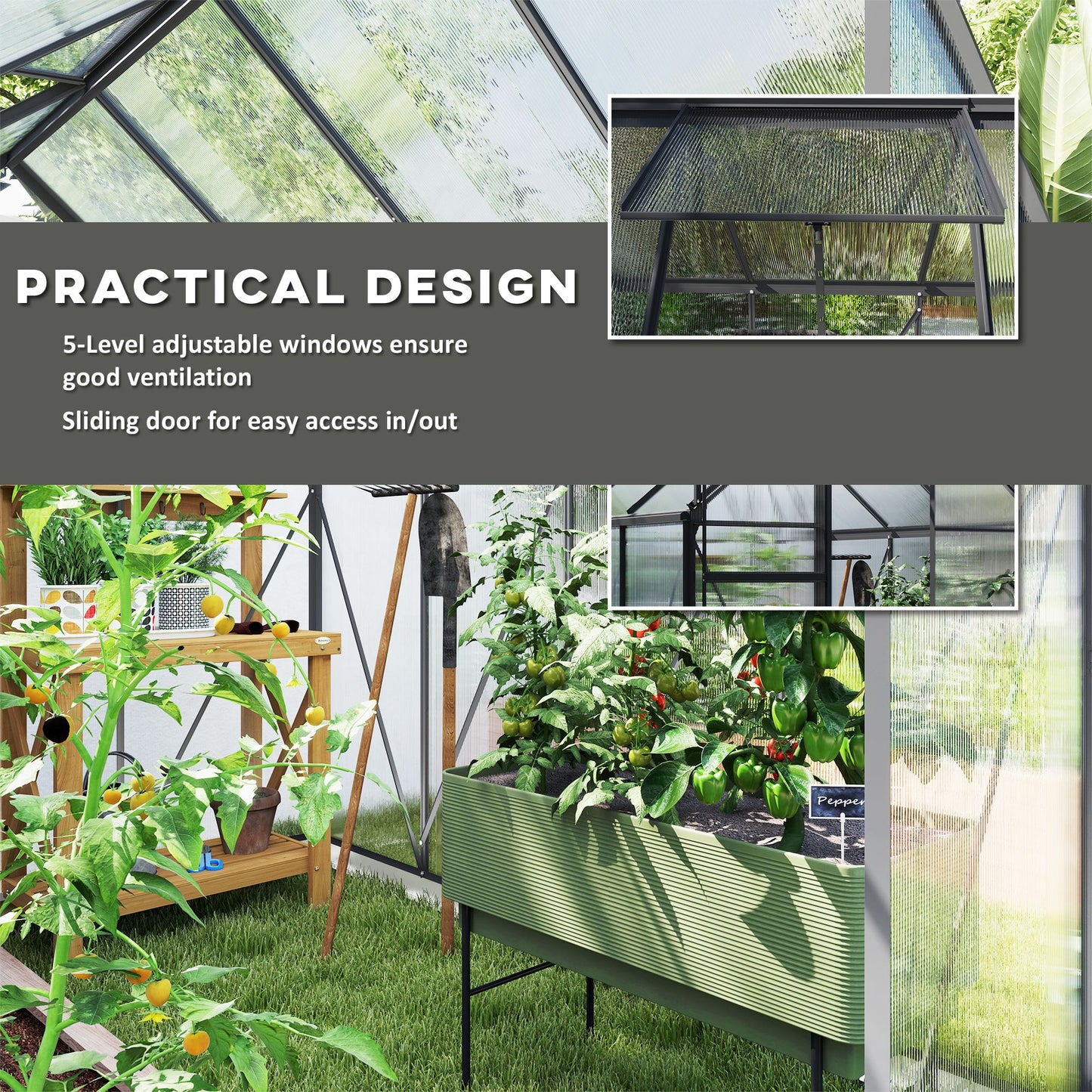 Outsunny 6' x 12' x 6.5' Walk-in Greenhouse, Polycarbonate Greenhouse with Adjustable Roof Vent, Base, Sliding Door, Clear