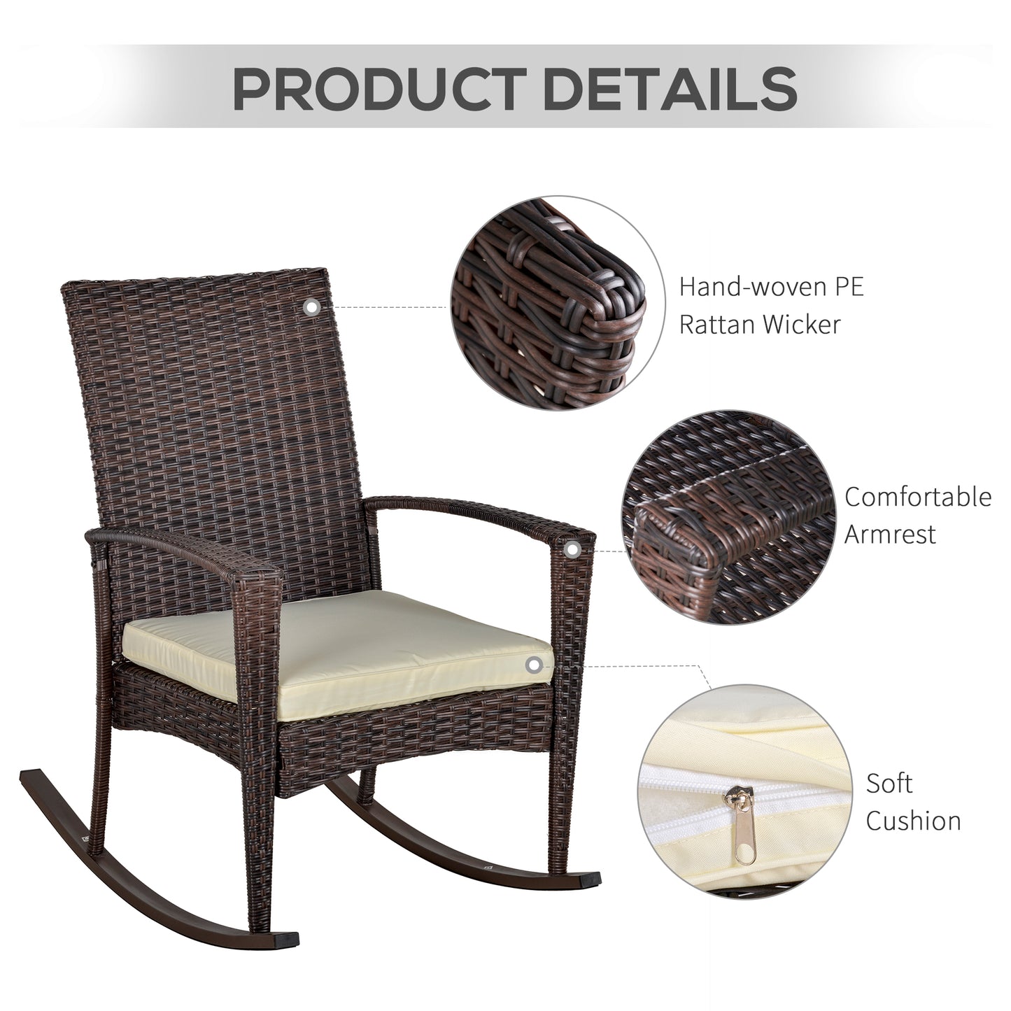 Outsunny 3 Pieces Patio Wicker Rocking Chair Set, Outdoor PE Rattan Bistro Set Conversation Rocker Set with 2 Chairs 1 Coffee Table for Backyard, Deck, Poolside, Dark Grey