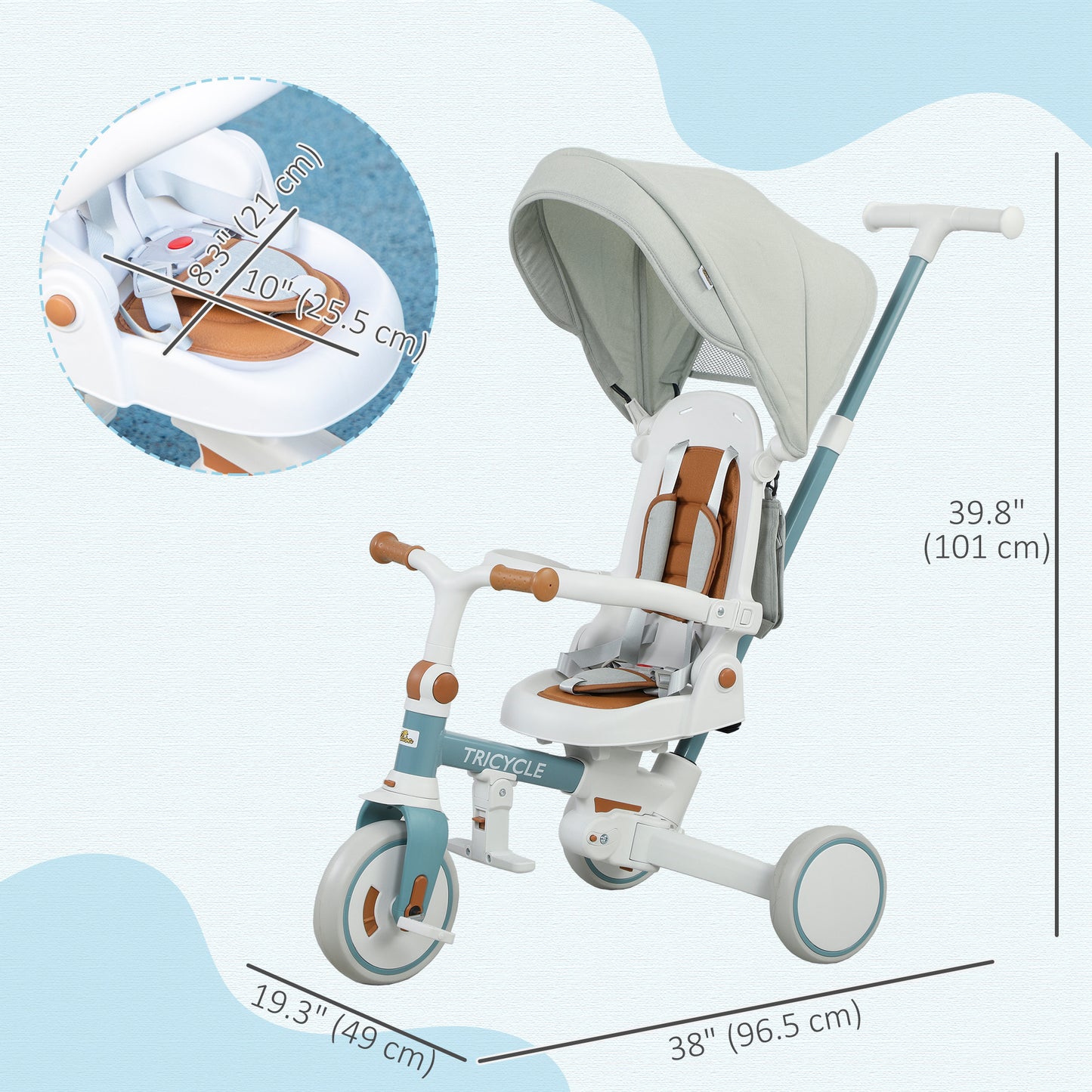 Qaba 7 in 1 Toddler Tricycle with Safety Harness, Adjustable & Removable Parent Handle, Canopy, Storage Bag, Brake, Pink