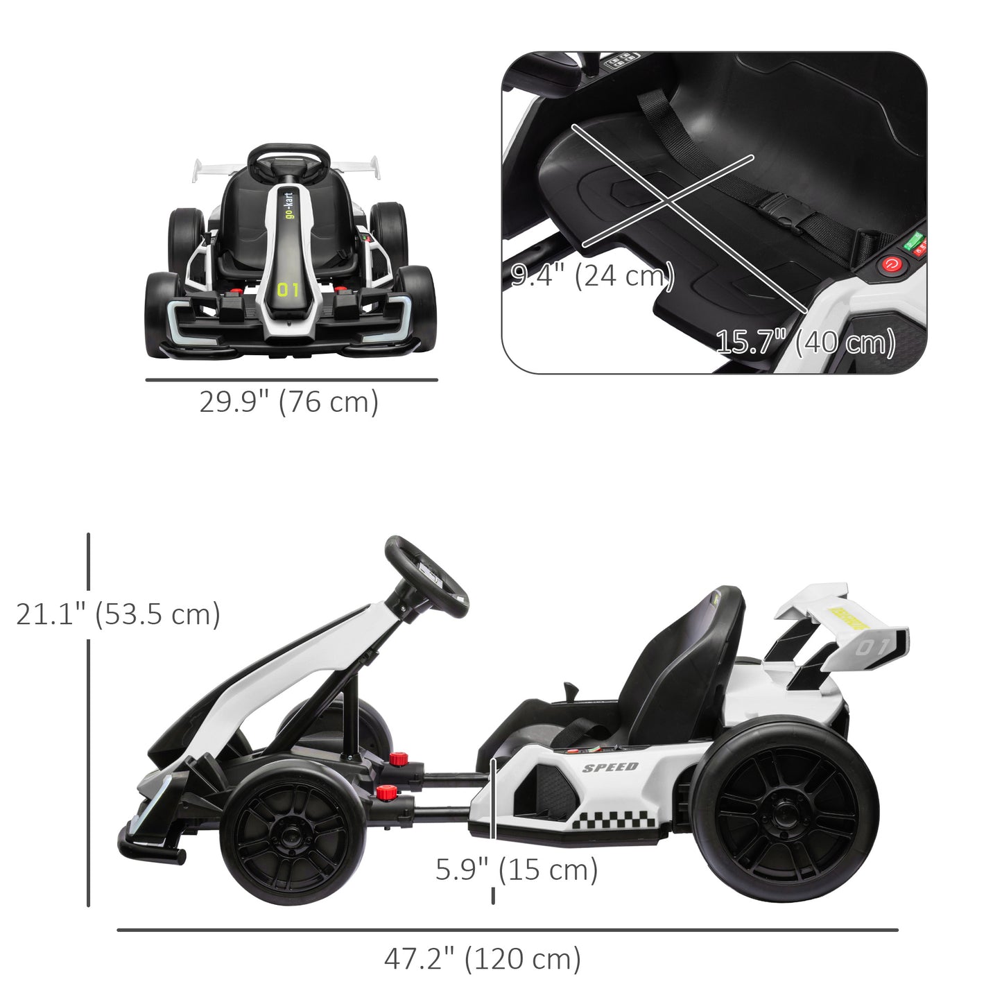 Aosom 24V Electric Go Kart, Battery Powered Kids Drift Kart with Adjustable Seat, Seat Belt, Horn, Music, Light, White