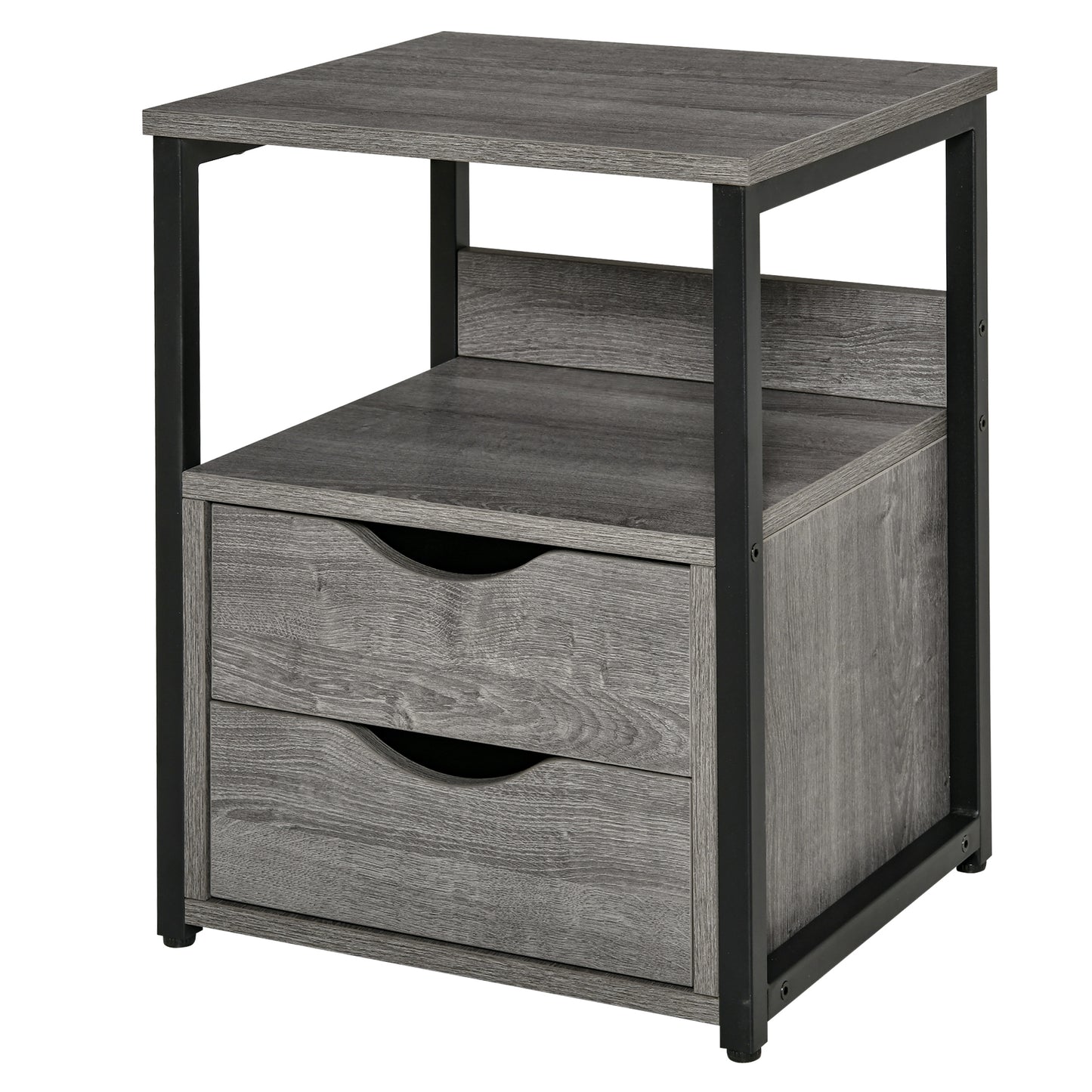 HOMCOM Nightstand with 2 Drawers, Industrial Side Table with Storage Shelf, Accent End Table for Bedroom, Living Room, Grey
