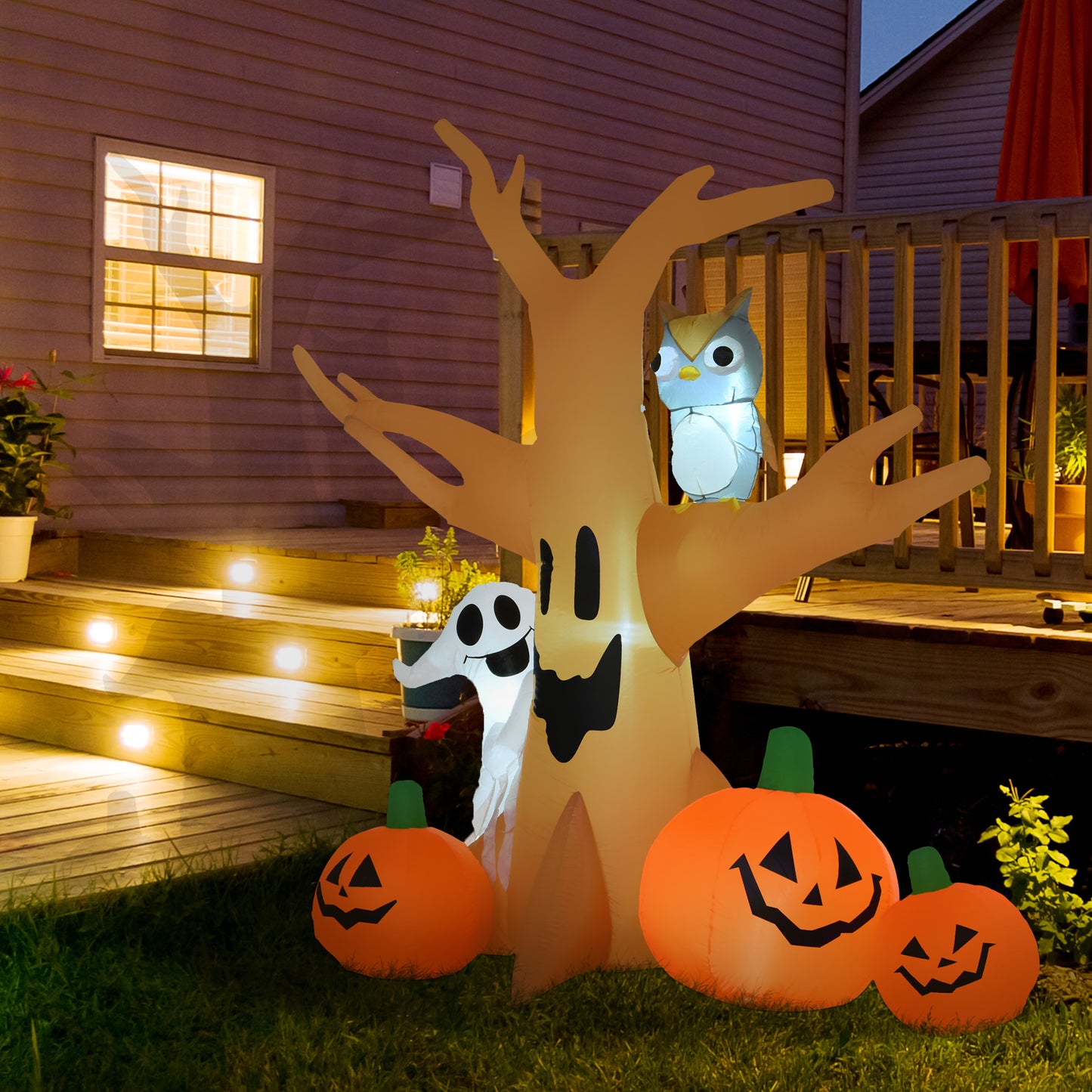 HOMCOM Inflatable Halloween Decoration Haunted Tree with Owl/Ghost/Pumpkins, Blow-Up Outdoor LED Display for Lawn, Garden, Party