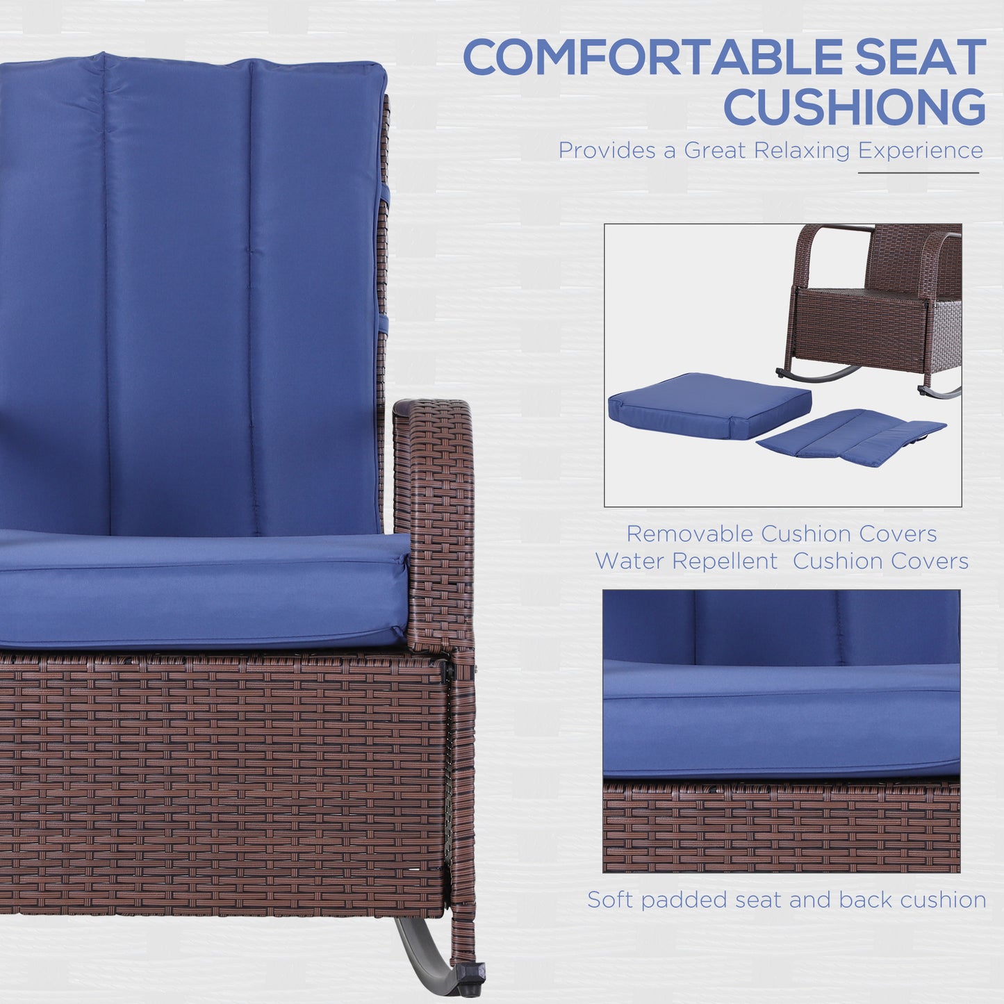 Outsunny Outdoor Wicker Rocking Chair with Cushion, Patio PE Rattan Recliner Chair with Adjustable Footrest, Armrests, Dark Blue