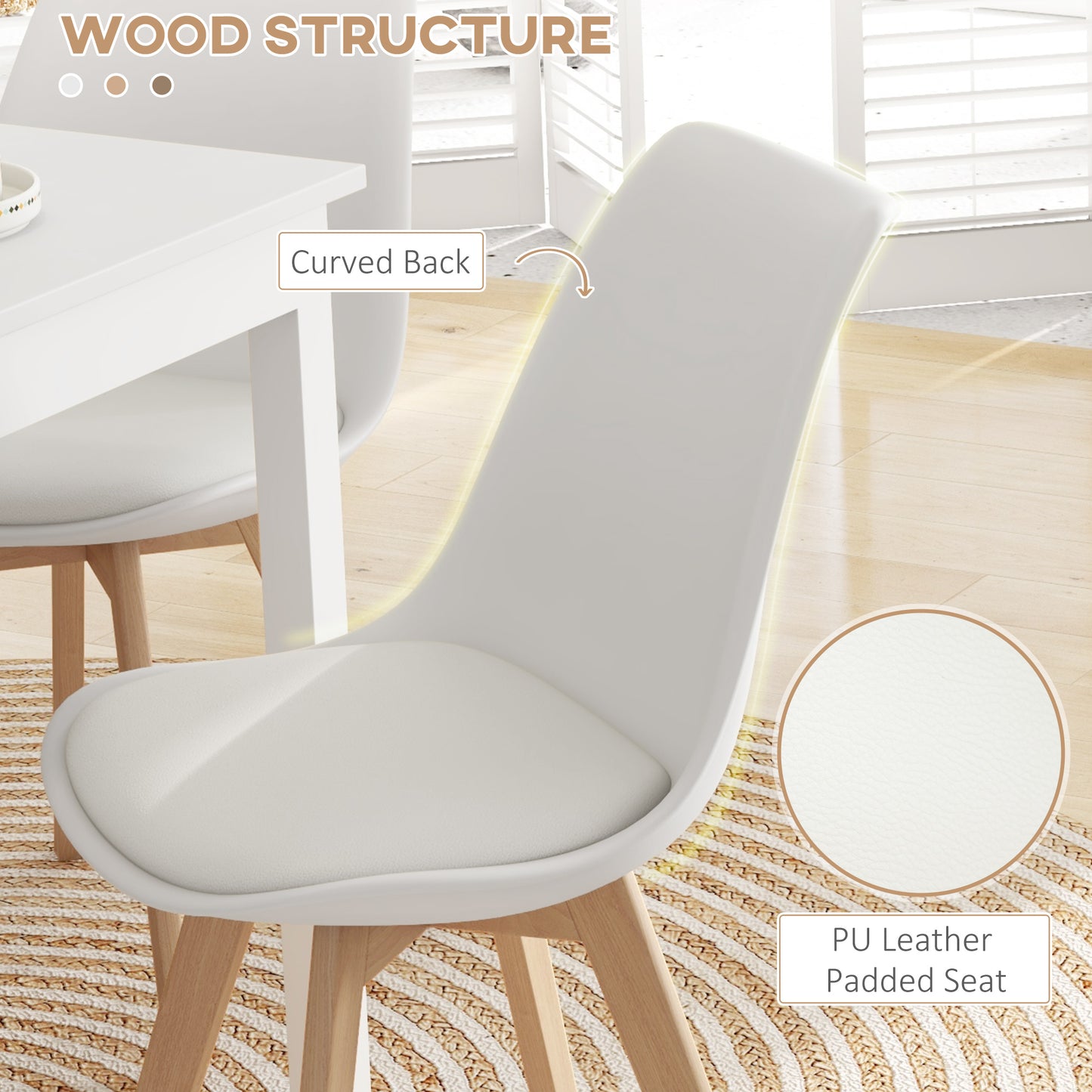 HOMCOM Modern Dining Table Chairs Set of 4, Rubber Wood Kitchen Table Chairs with PU Leather Cushion for Living Room, Bedroom