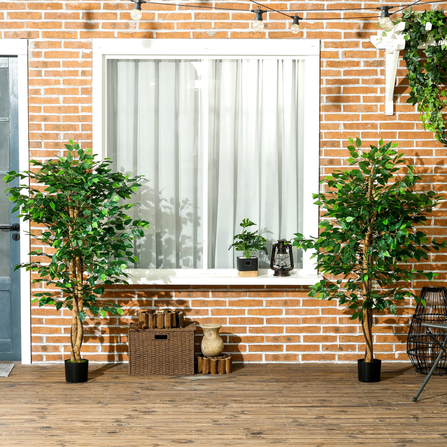 HOMCOM Set of 2 5ft Artificial Trees Ficus, Indoor Fake Plants with Pot, for Home Decor