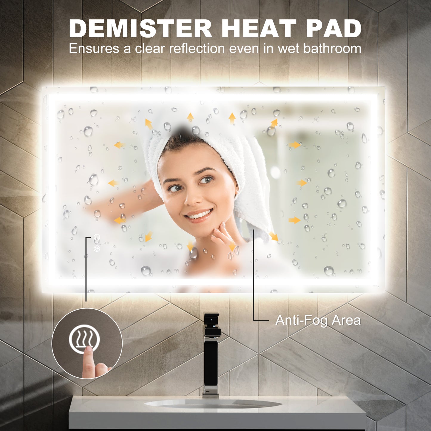 HOMCOM 39" x 24" Bathroom Mirror with LED Lights, Wall Mounted Vanity Mirror with Anti-Fog Pad and Touch Button, Clear