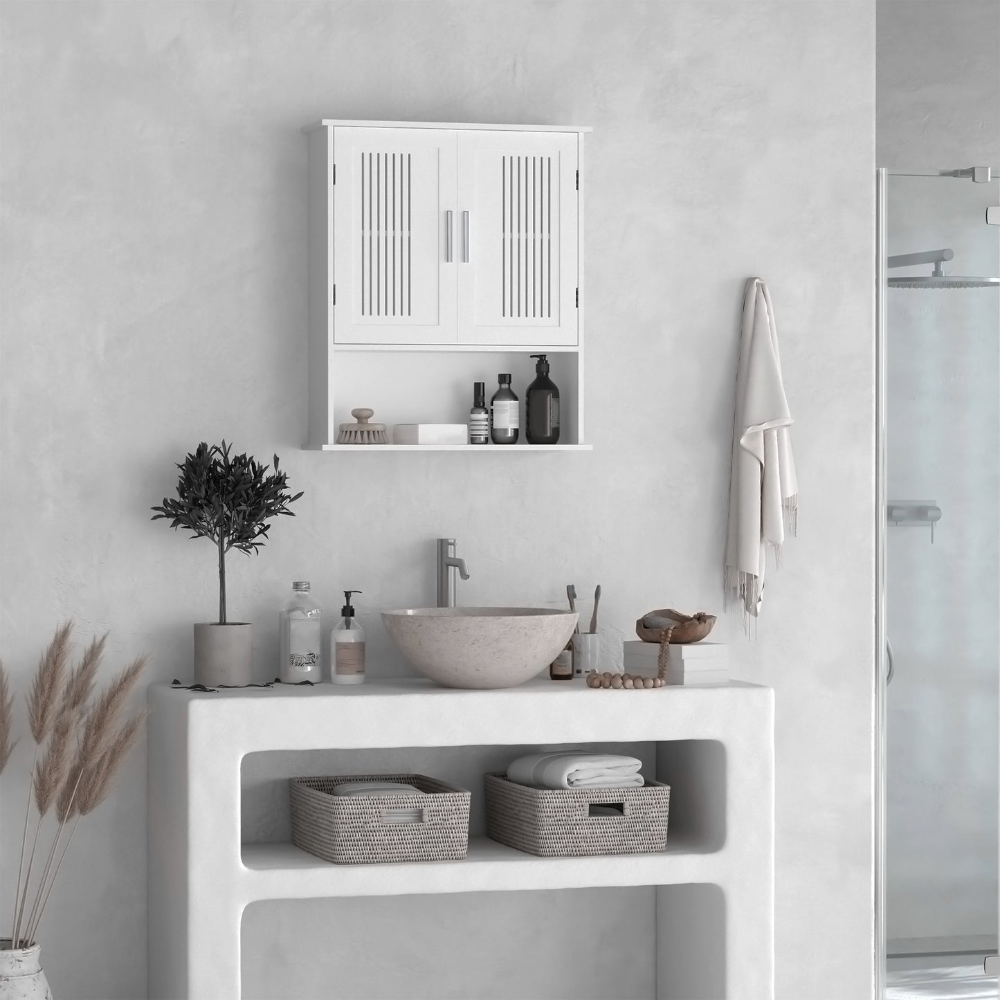 kleankin Modern Wall Mount Bathroom Cabinet, Storage Organizer with 2 Door Cabinet and Open Shelf, White