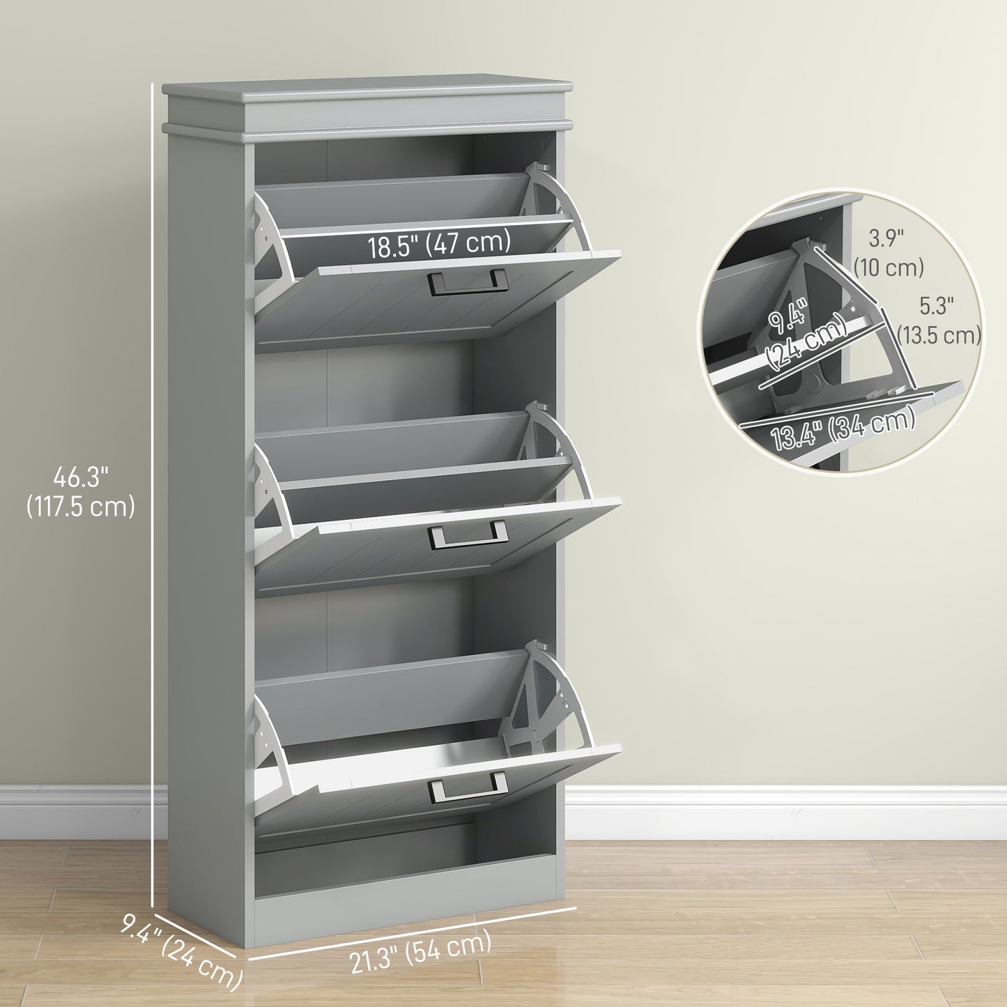 HOMCOM Slim Shoe Cabinet with 3 Flip Drawers and Adjustable Shelves, Narrow Shoe Cabinet for 15 Pairs of Shoes, White