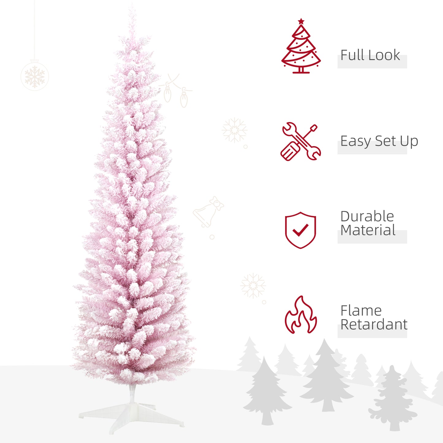 HOMCOM 6ft Flocked Christmas Tree, Pencil Artificial Christmas Tree with Realistic Branches, Pink