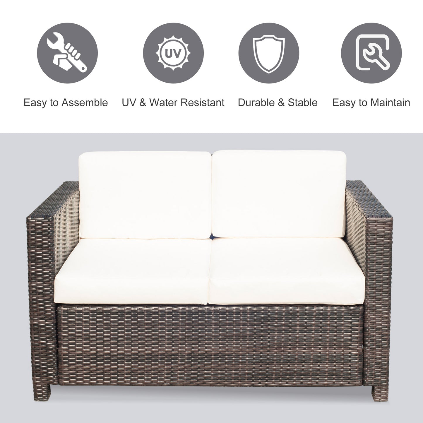 Outsunny 2 Seat Patio Loveseat Deluxe Wicker Sofa Chair Outdoor Rattan Furniture Couch All Weather with Cushion for Balcony, Deck, Garden and Poolside, Grey