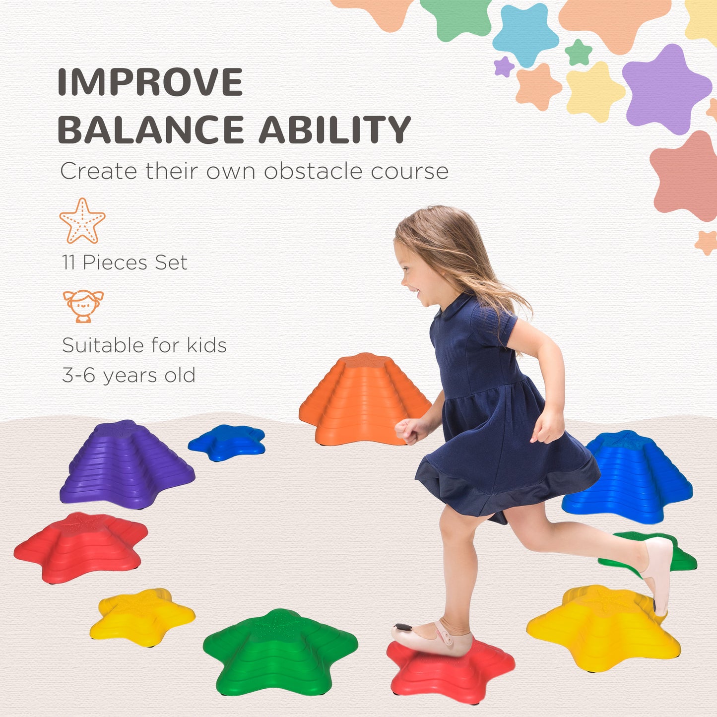 Outsunny 11PCs Larger Size Balance Stepping Stones for Kids with Non-slip Bottom, Stackable Obstacle Course Outdoor Indoor, Play River Rocks with Starfish Style