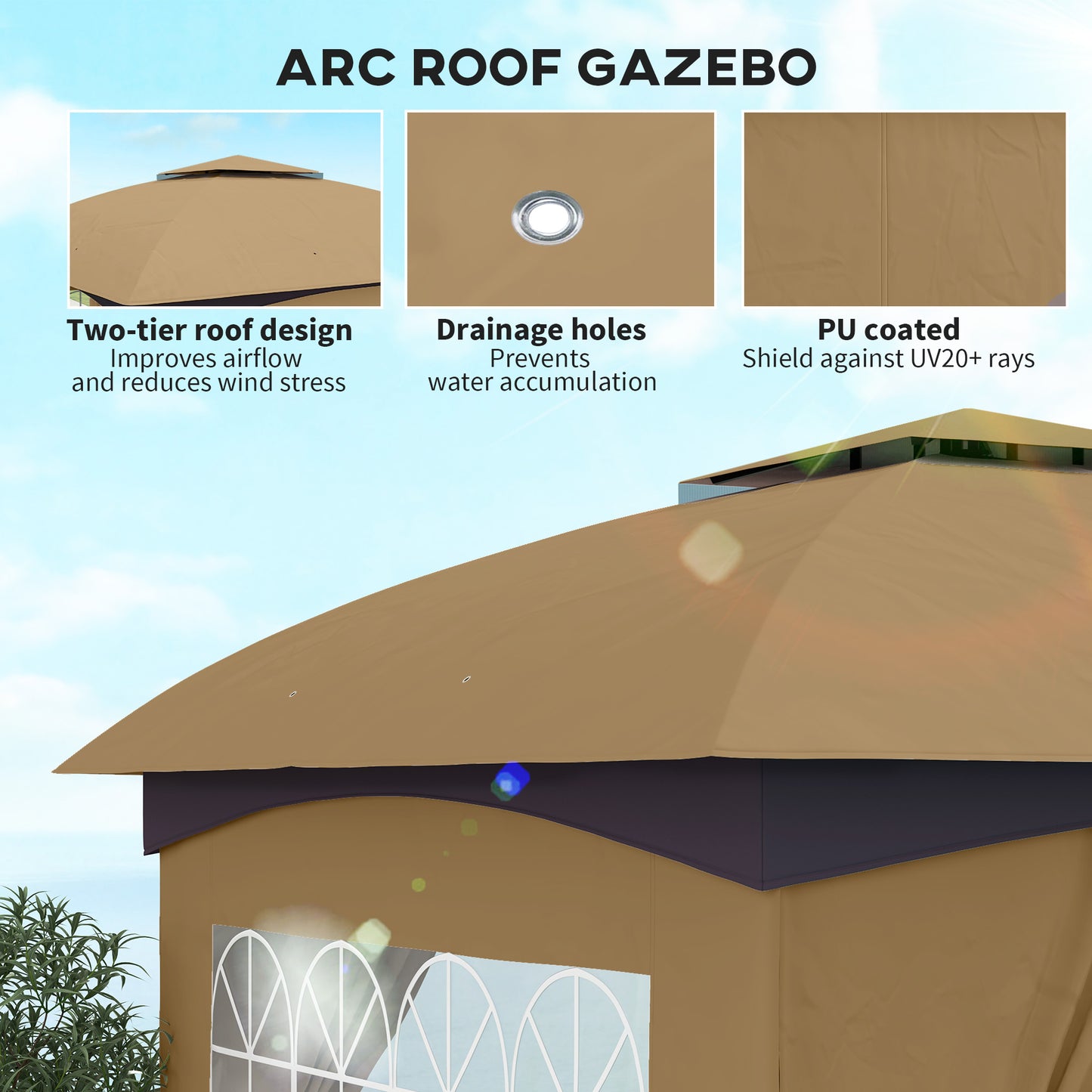 Outsunny 11' x 11' Outdoor Gazebo, Double Roof Patio Gazebo Canopy with Curtains, Church Windows, Galvanised Steel Frame, Beige